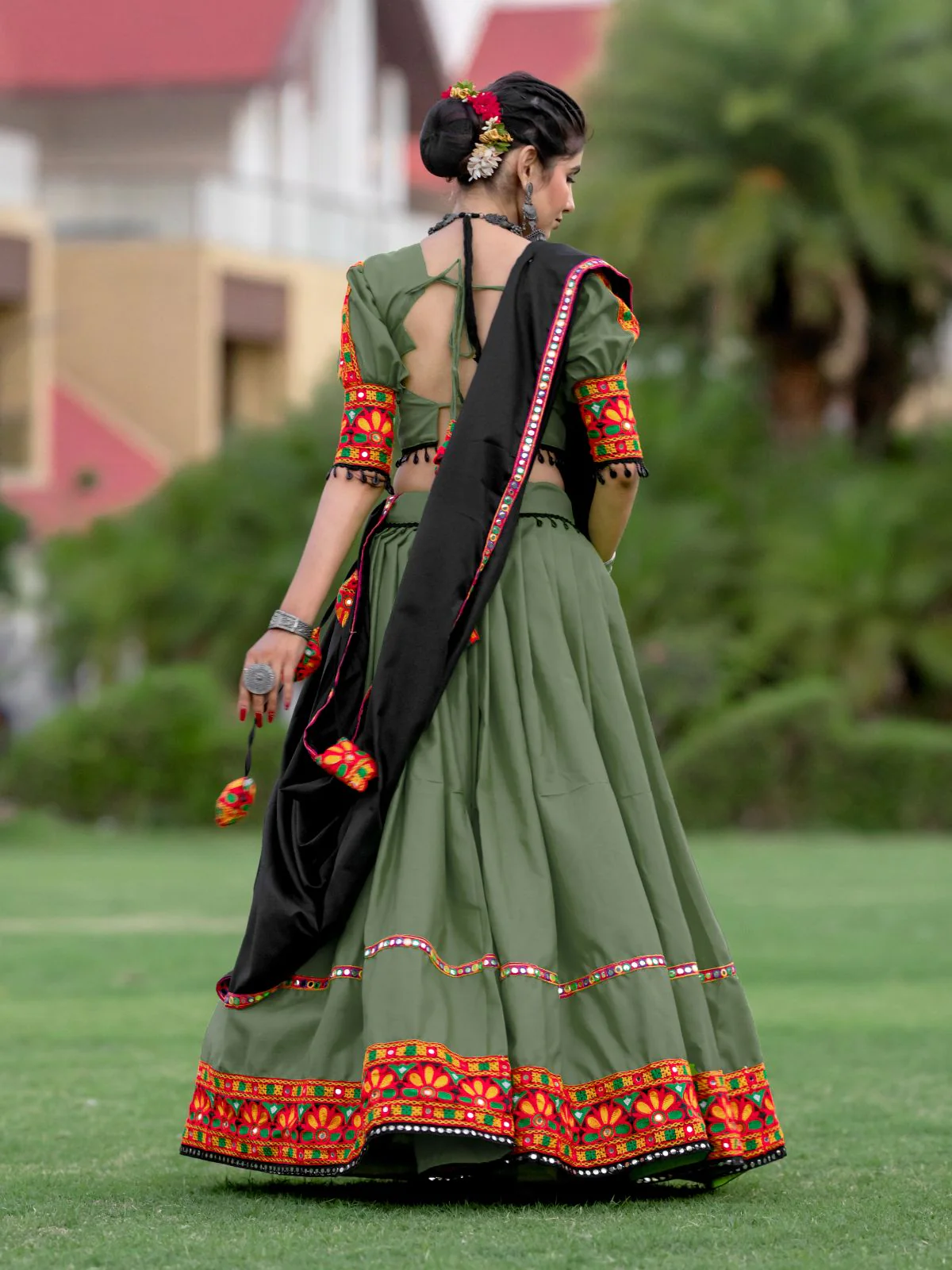 Odette Olive Embroidered Cotton Semi Stitched Lehenga With Unstitched Blouse For Women - Image 5