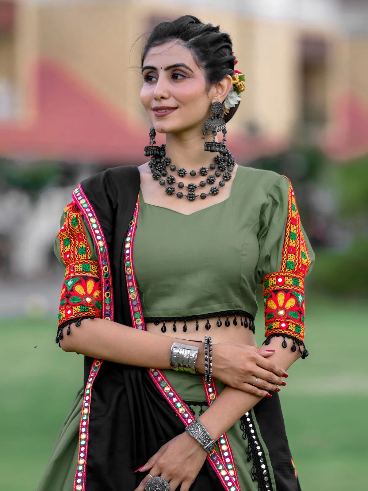 Odette Olive Embroidered Cotton Semi Stitched Lehenga With Unstitched Blouse For Women - Image 7
