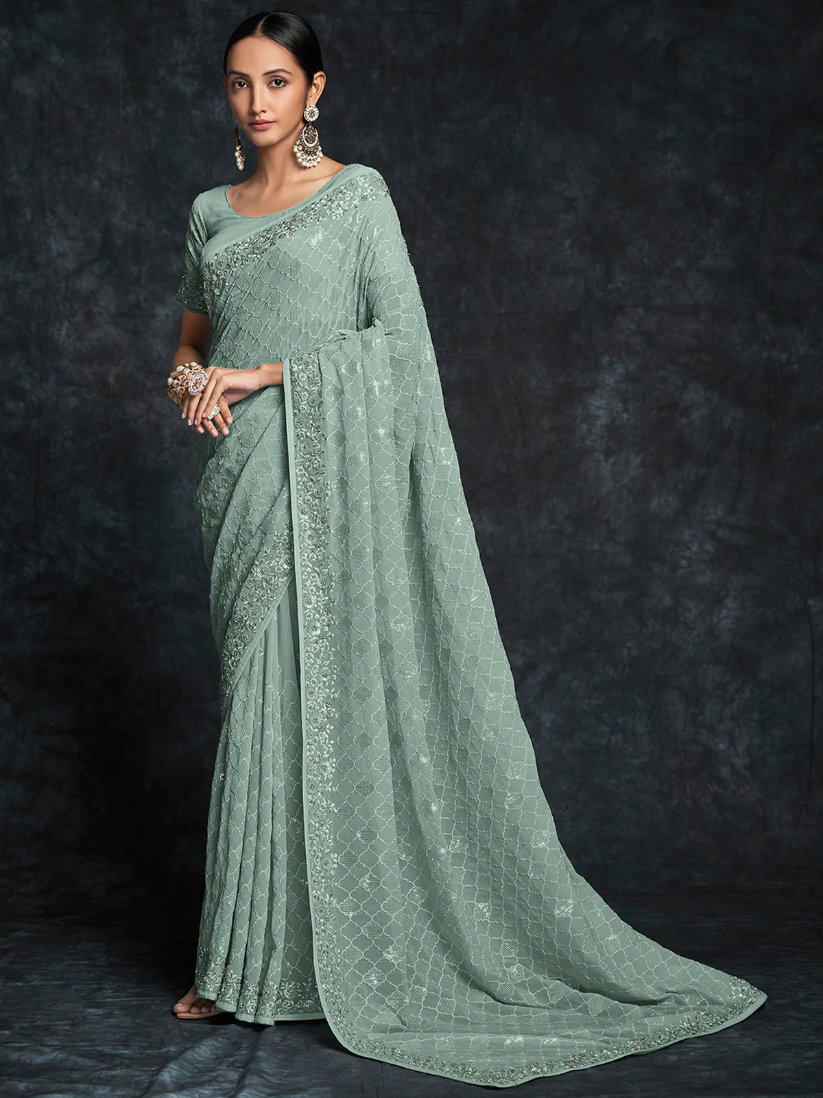 Odette Olive Embroidered Georgette Saree With Unstitched Blouse For Women - Image 2