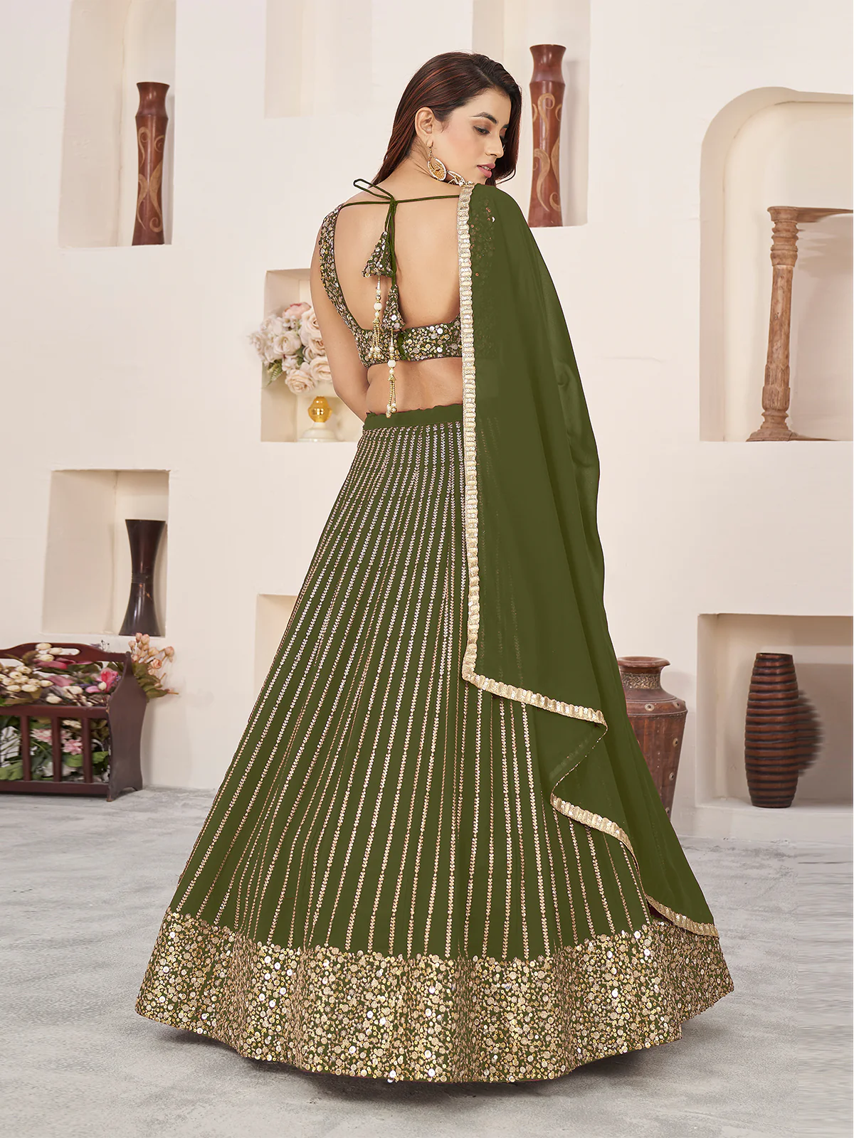 Odette Olive Georgette Embellished Semi Stiched Lehenga With Unstitched Blouse For Women - Image 3