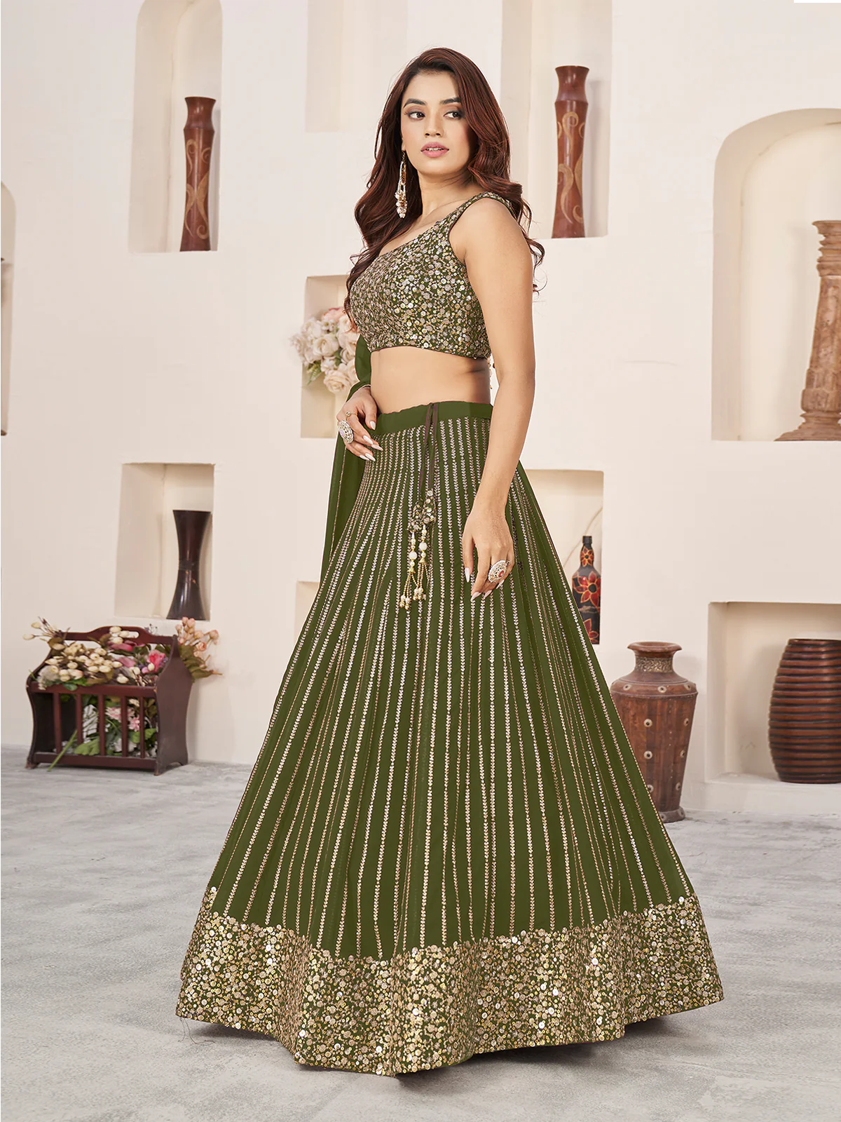 Odette Olive Georgette Embellished Semi Stiched Lehenga With Unstitched Blouse For Women - Image 4