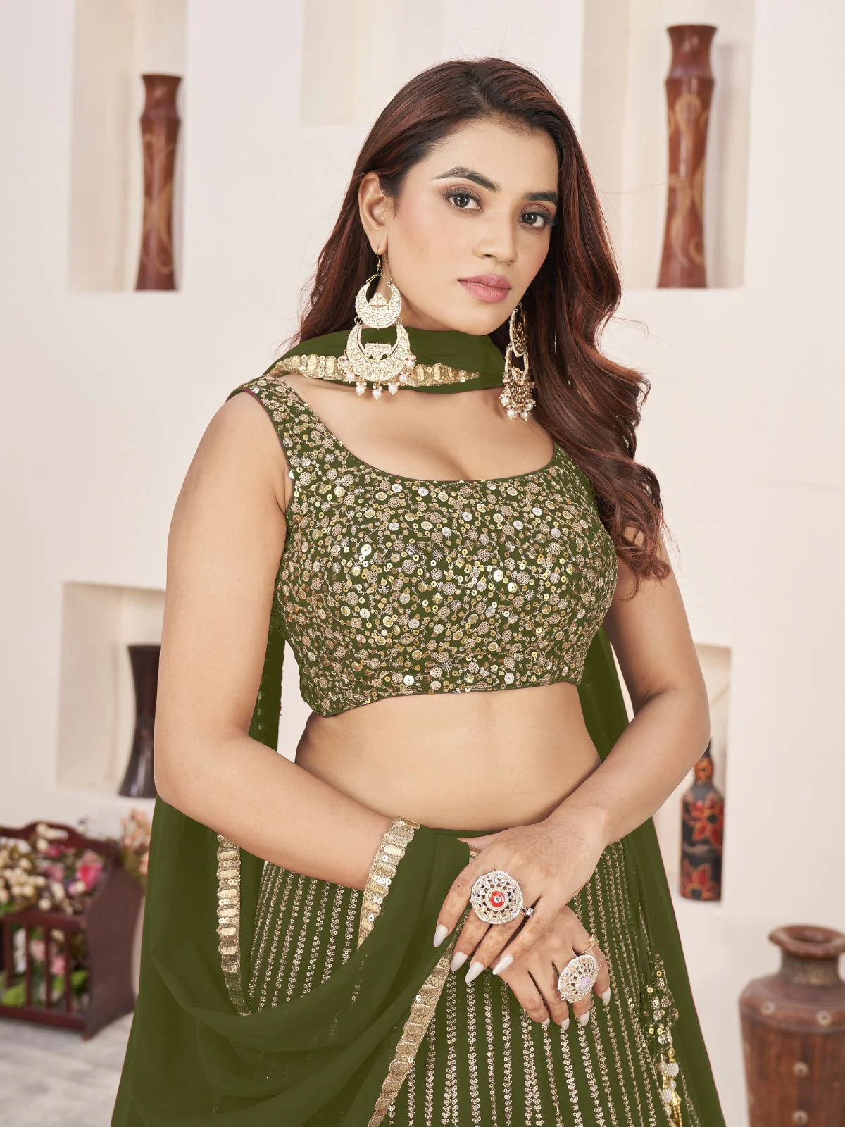 Odette Olive Georgette Embellished Semi Stiched Lehenga With Unstitched Blouse For Women - Image 5