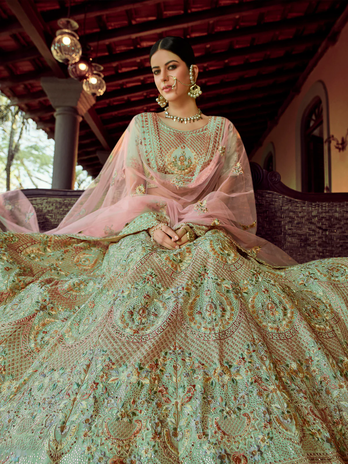 Odette Olive Embroidered Georgette Semi Stitched Lehenga With Blouse For Women - Image 2