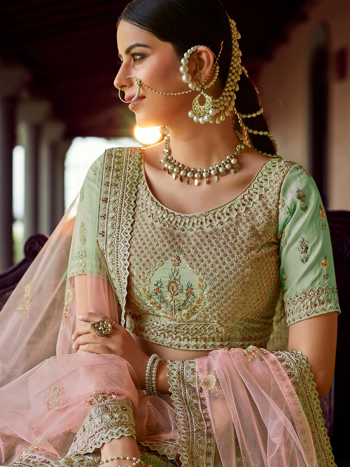 Odette Olive Embroidered Georgette Semi Stitched Lehenga With Blouse For Women - Image 4