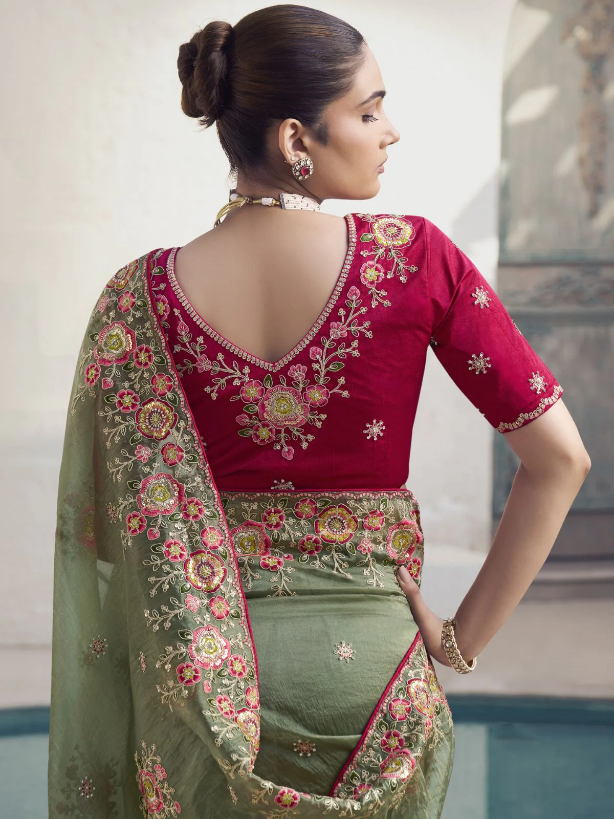 Odette Olive Embroidered Organza Saree With Unstitched Blouse For Women - Image 3