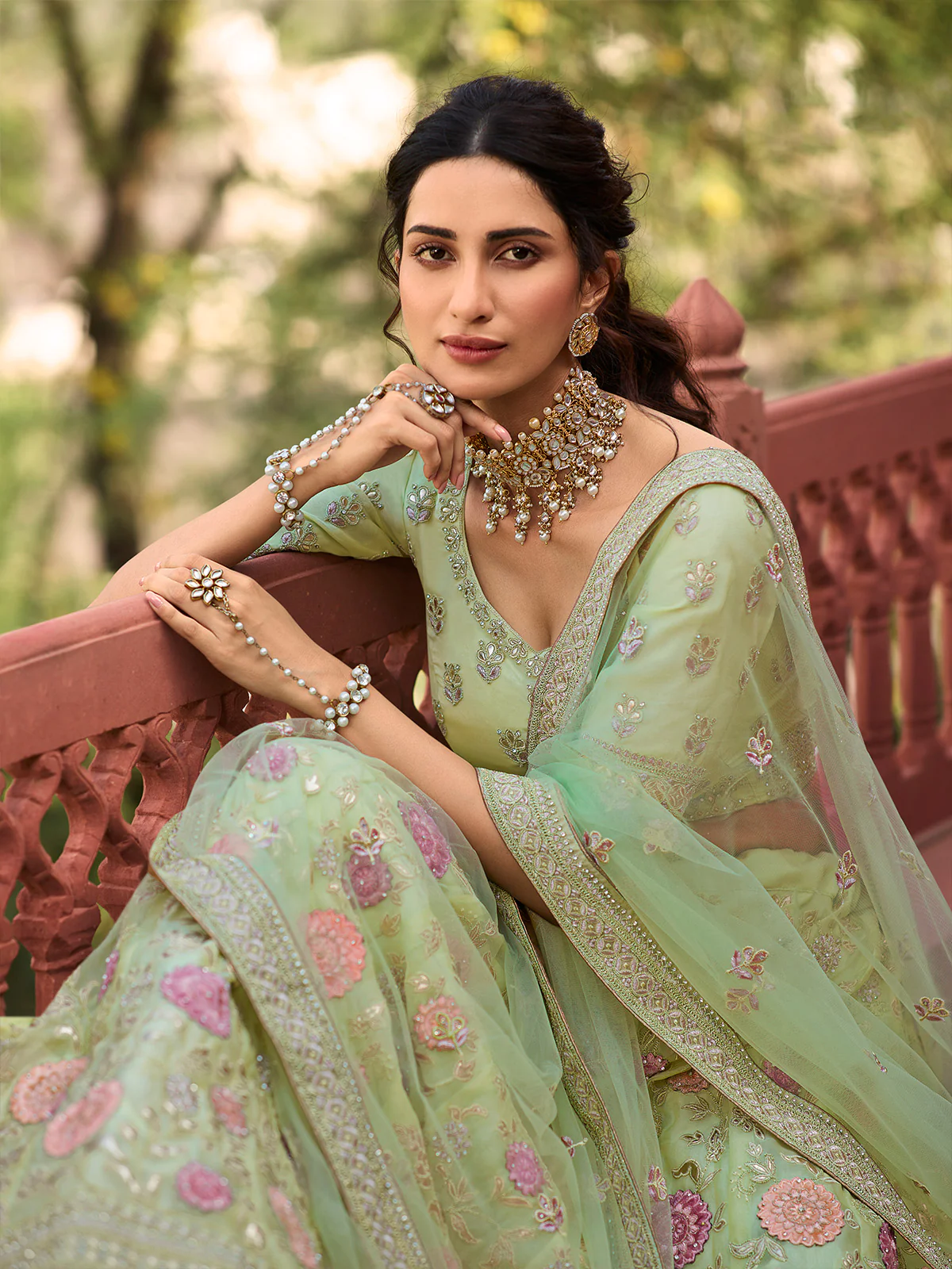 Odette Olive Embroidered Organza Semi Stitched Lehenga With Blouse For Women - Image 3