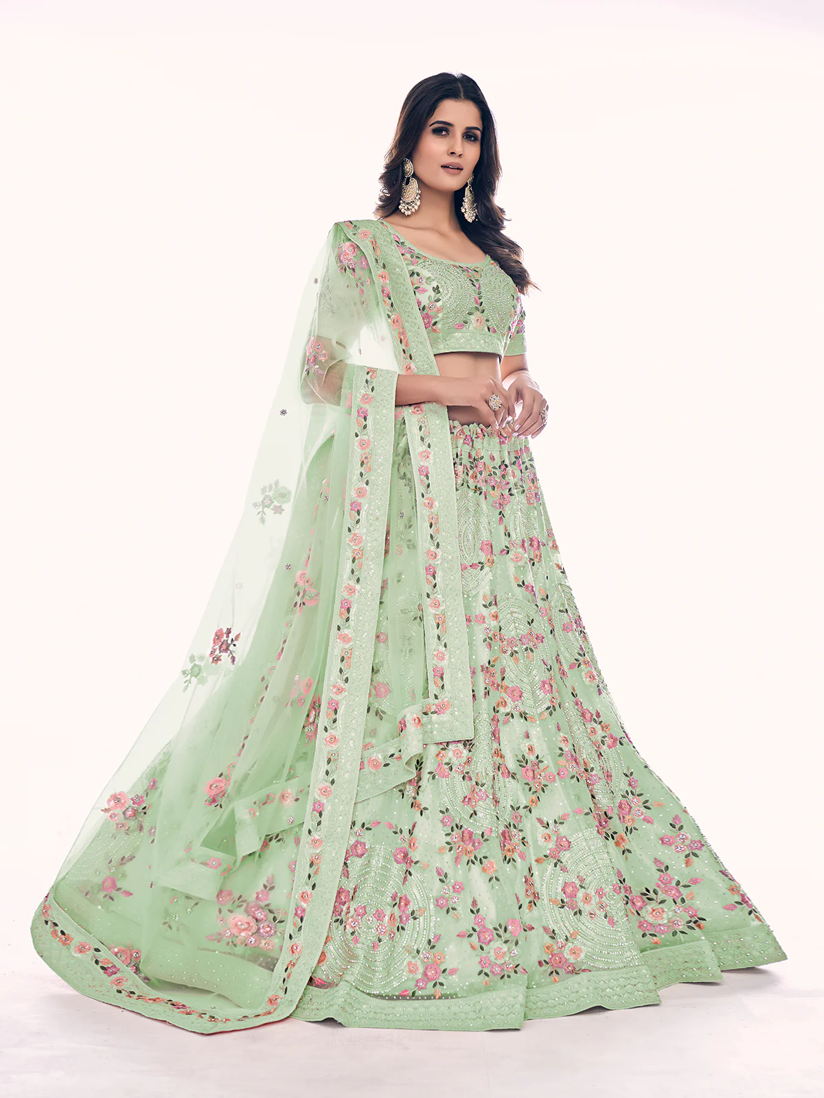 Odette Olive Embroidered Soft Net Semi Stitched Lehenga With Blouse For Women - Image 2