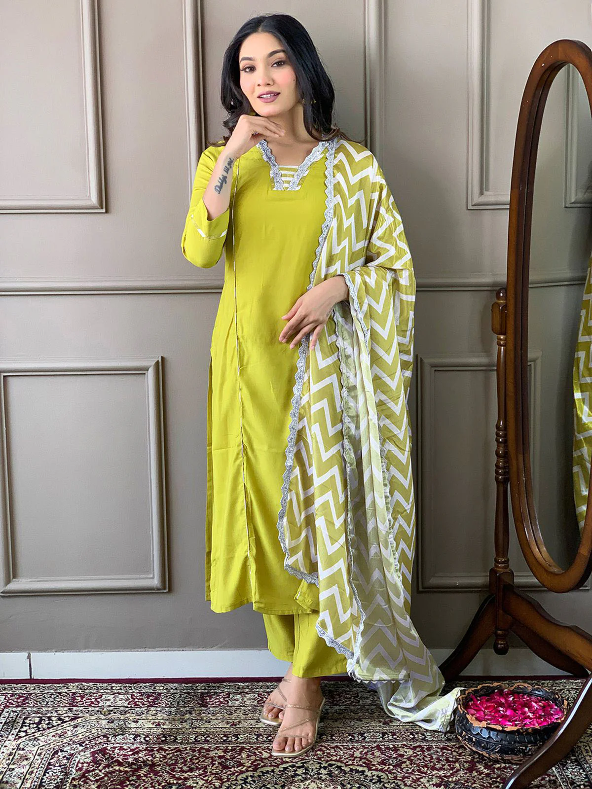Odette Olive Embroidered Viscose Silk Stitched Kurta Salwar Set For Women