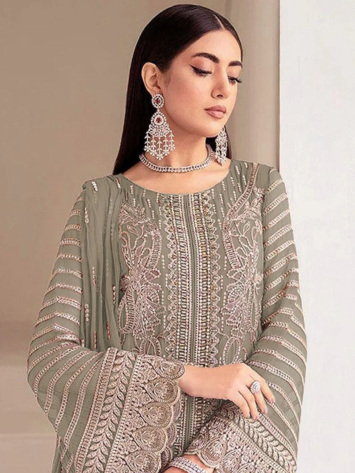 Odette Olive Georgette Embellished Semi Stitched Kurta Set For Women - Image 2
