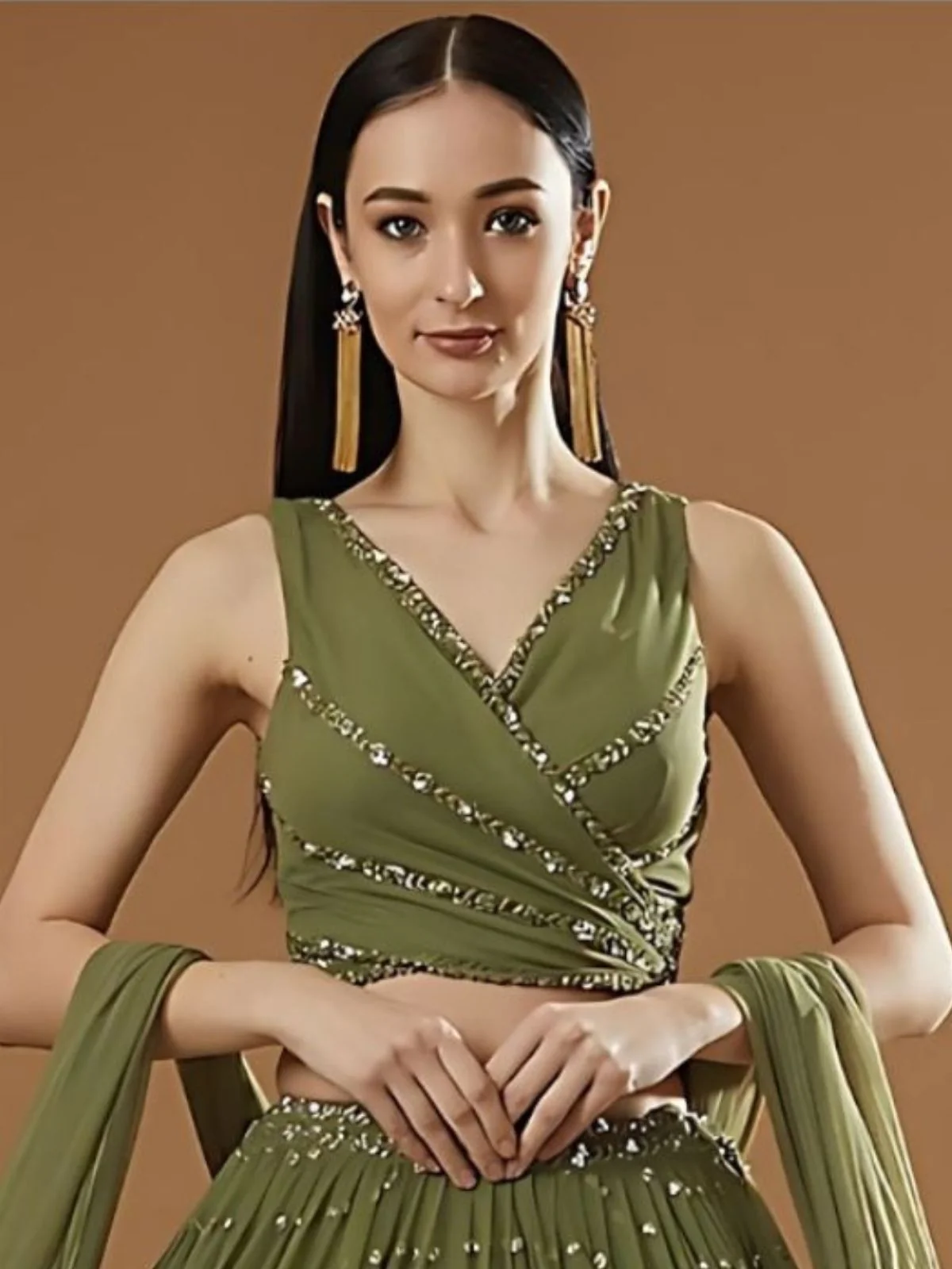 Odette Olive Georgette Embellished Semi-Stitched lehenga For Women - Image 3