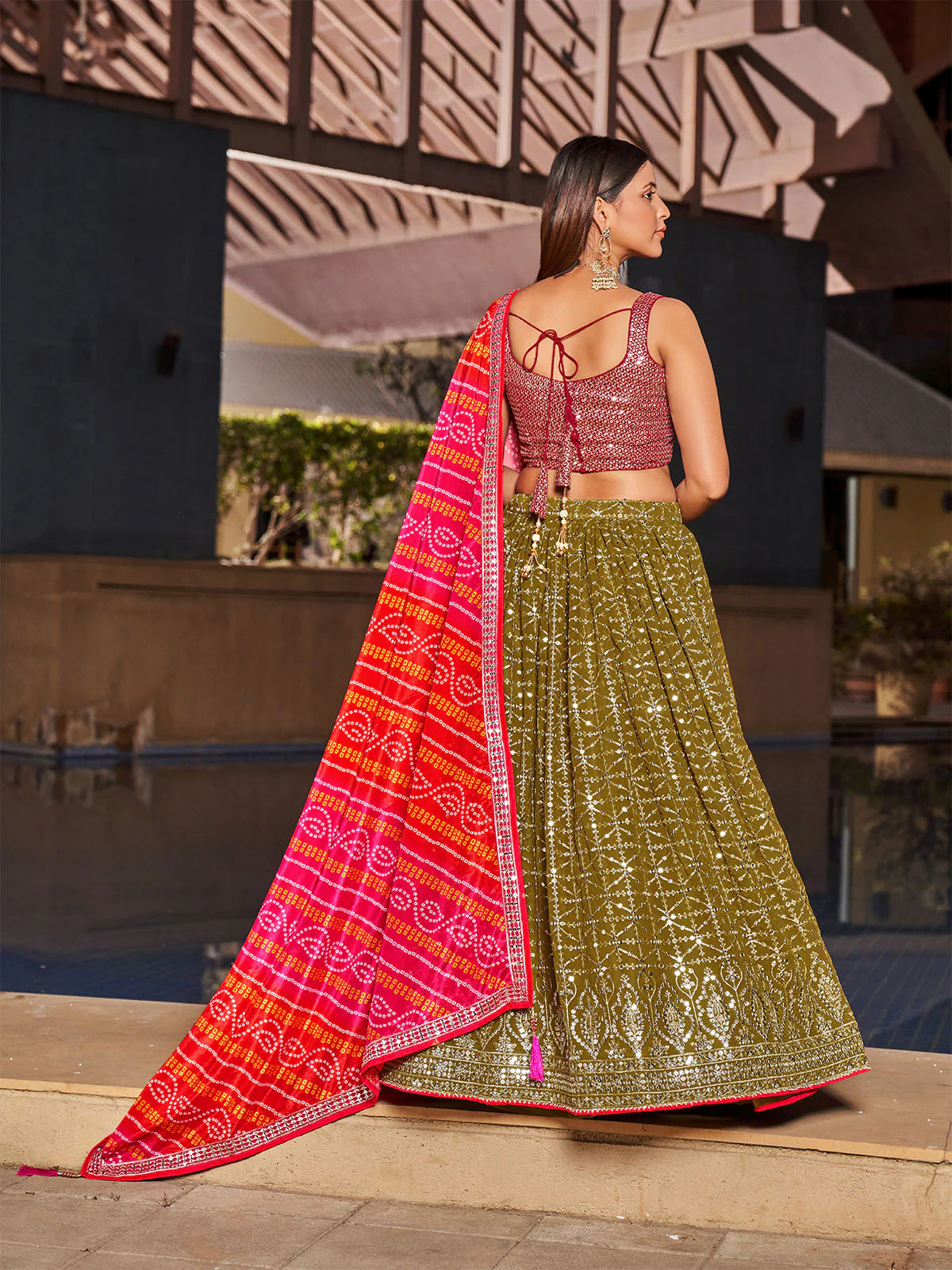 Odette Olive Georgette Embellished Semi Stitched Lehenga With Unstitched Blouse For Women - Image 4