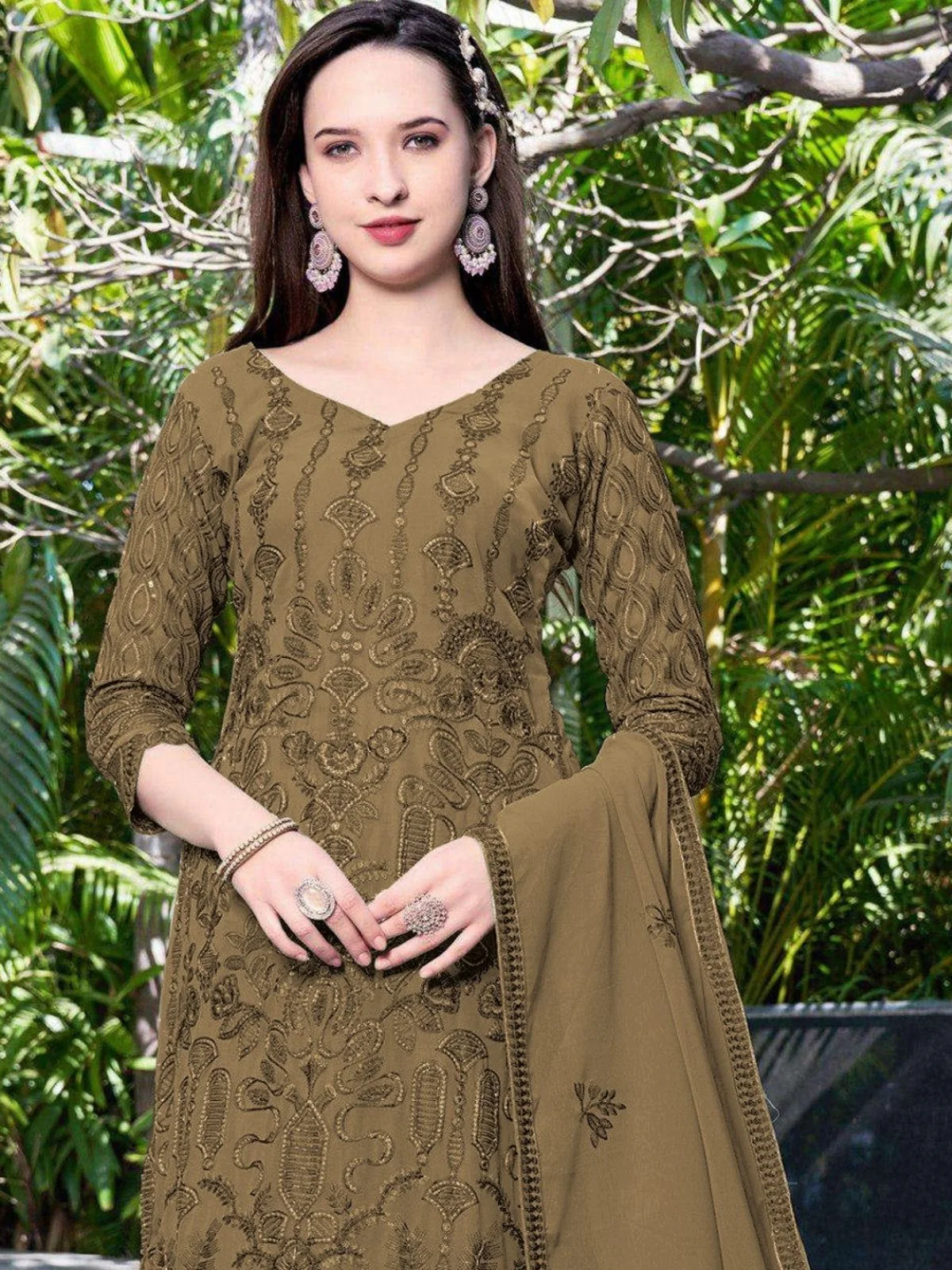Odette Olive Georgette Embroidered & Cutwork Semi-Sitched Kurta Set For Women - Image 2
