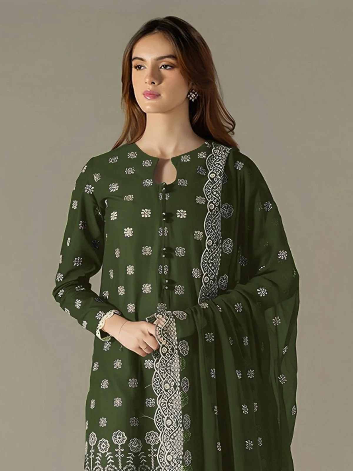 Odette Olive Georgette Embroidered Semi Stitched Kurta Set For Women - Image 2