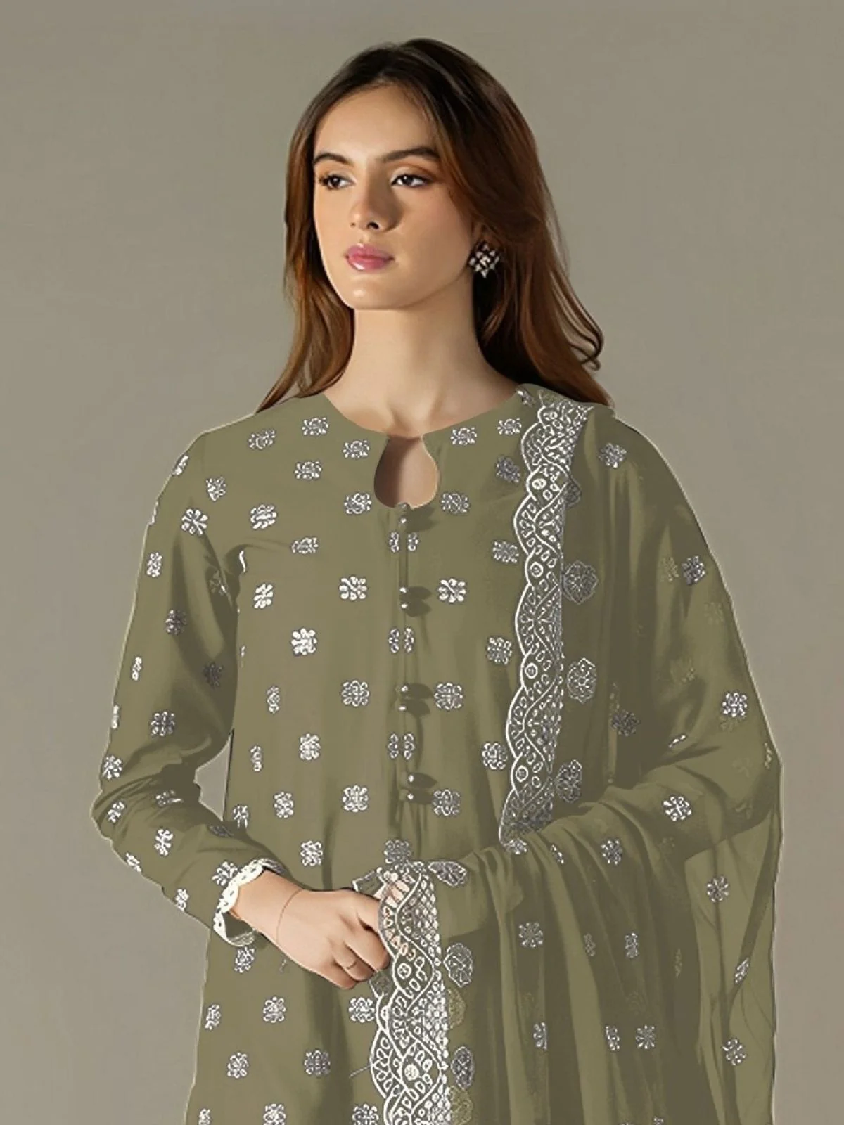 Odette Olive Georgette Embroidered Semi Stitched Kurta Set For Women - Image 2