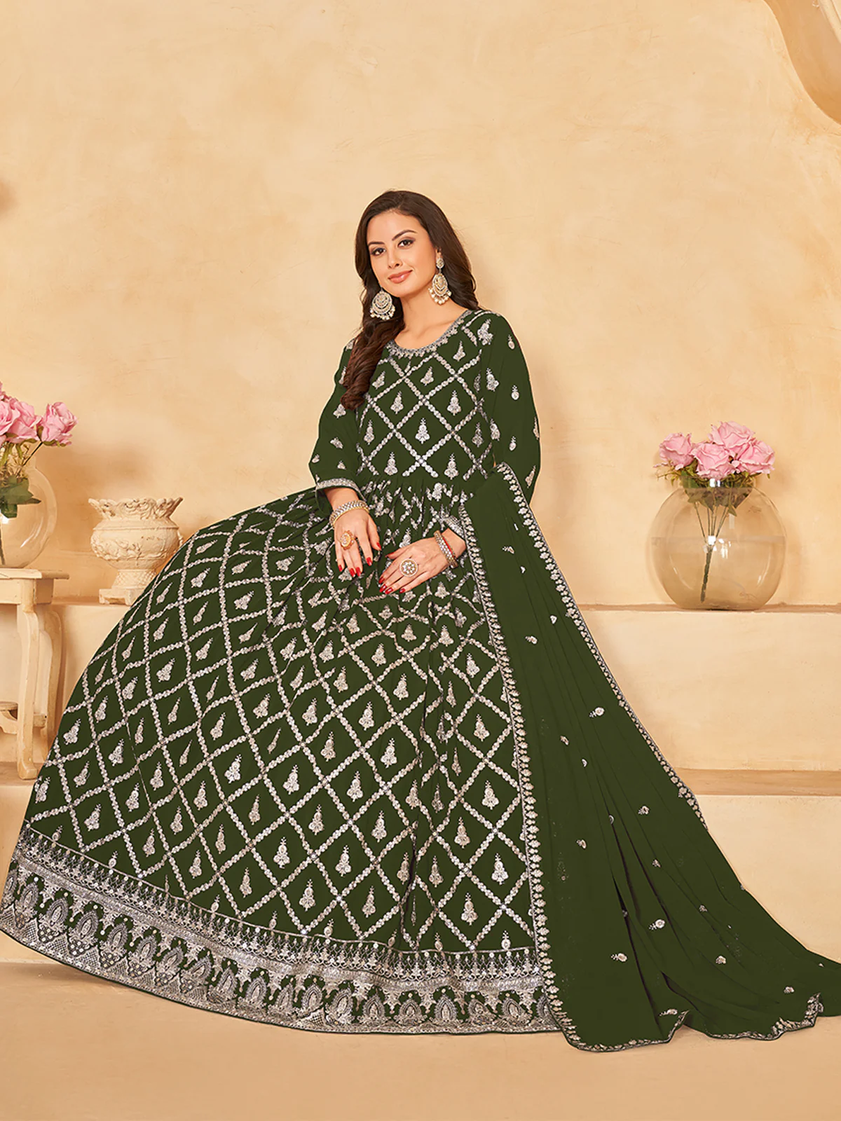 Odette Olive Georgette Embroidered Semi stitched Kurta Set with Inner For Women - Image 2