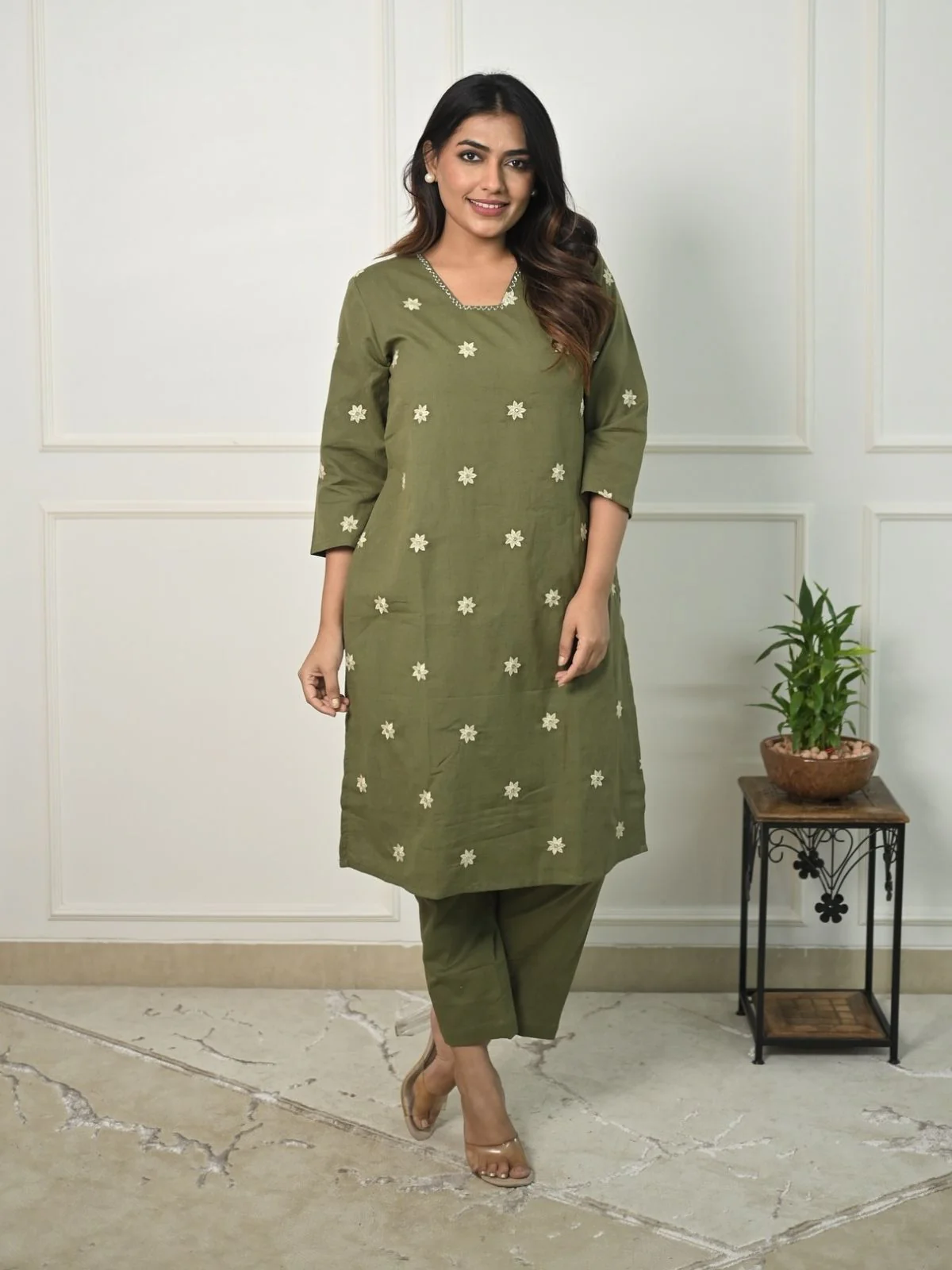 Odette Olive Green Cotton Blend Embroidered Stiched Kurta Set For Women - Image 2