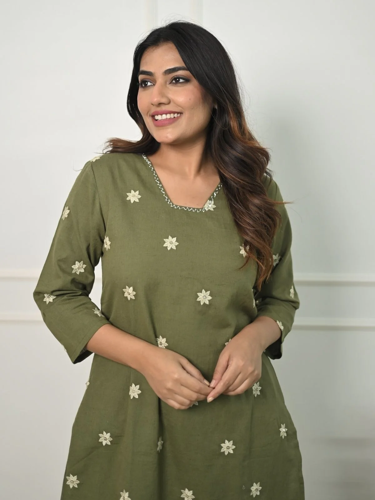 Odette Olive Green Cotton Blend Embroidered Stiched Kurta Set For Women - Image 3
