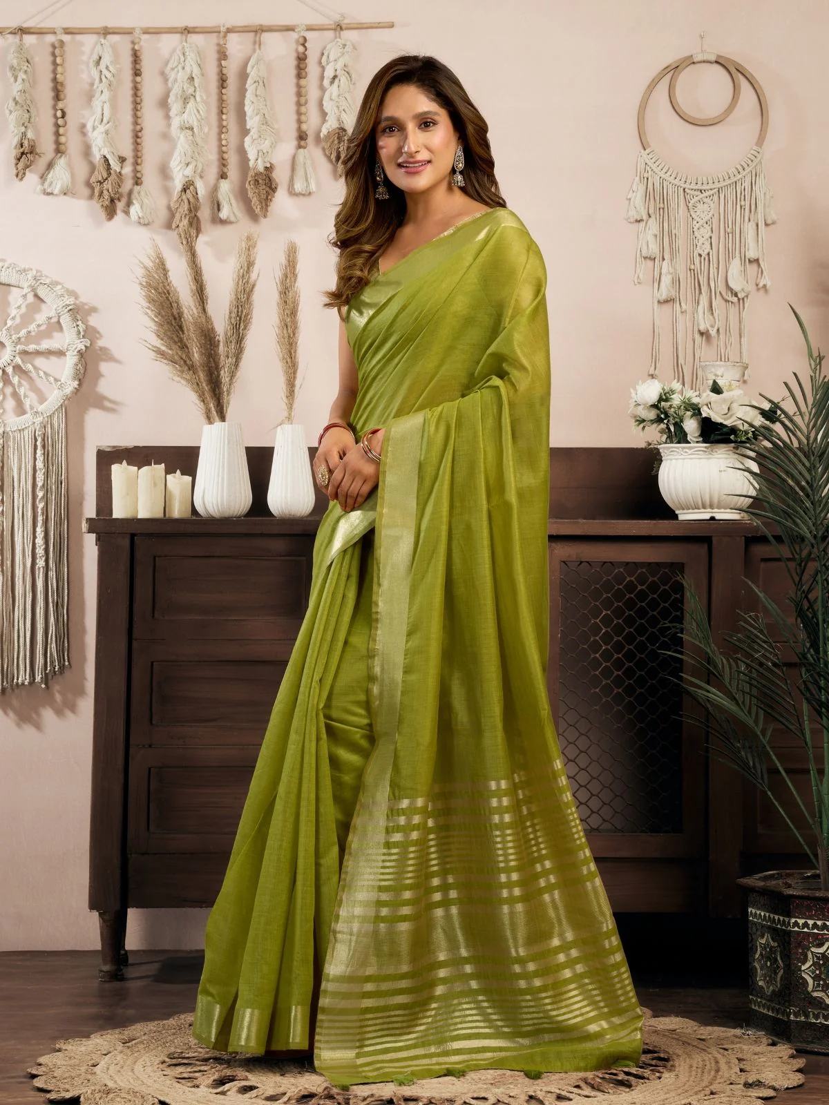 Odette Olive Green Cotton Blend Woven Saree For Women - Image 2