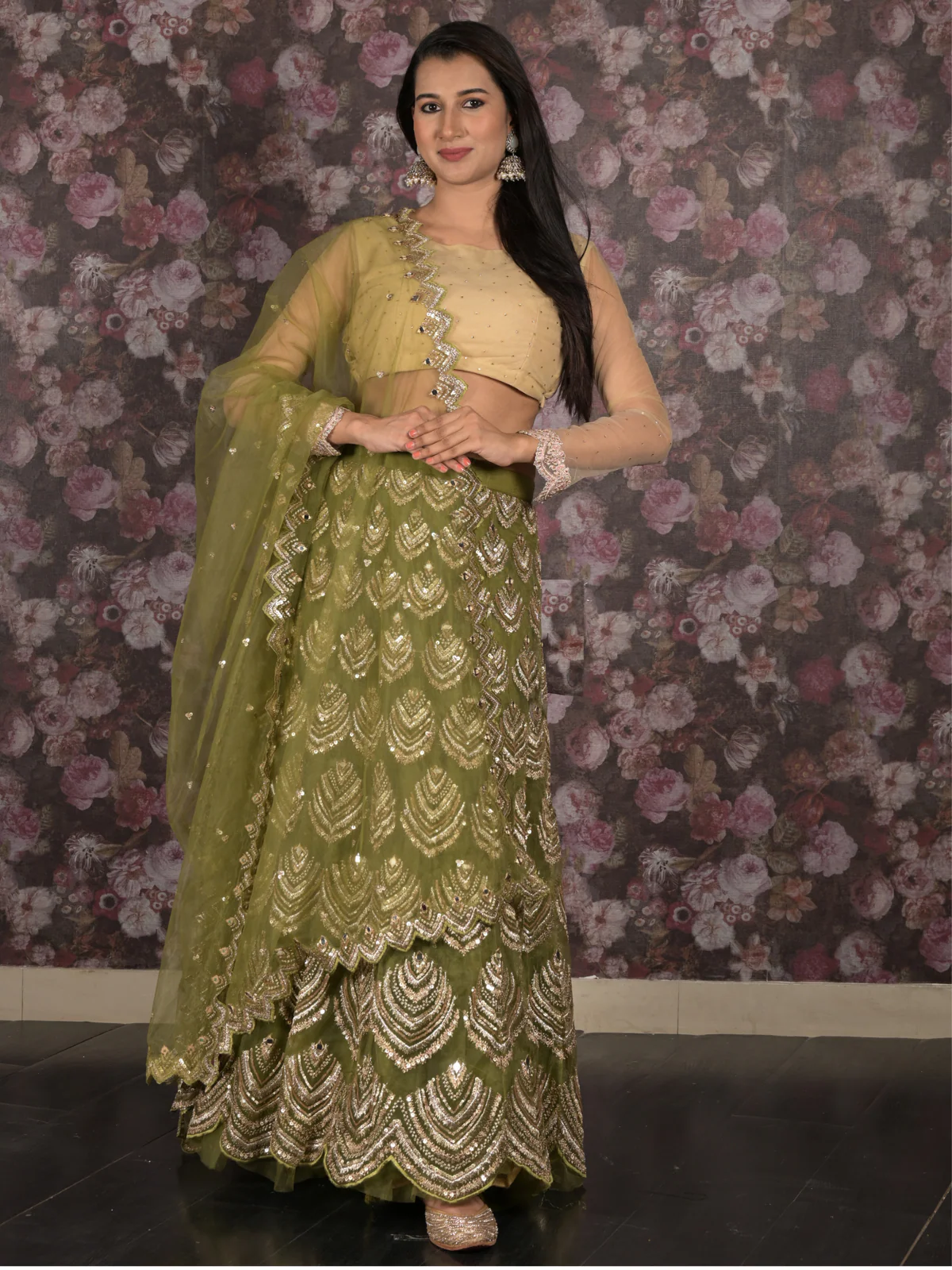 Odette Olive Green Embroidered Semi Stitched Net Lehenga Set With Dupatta And Unstitched Blouse For Women