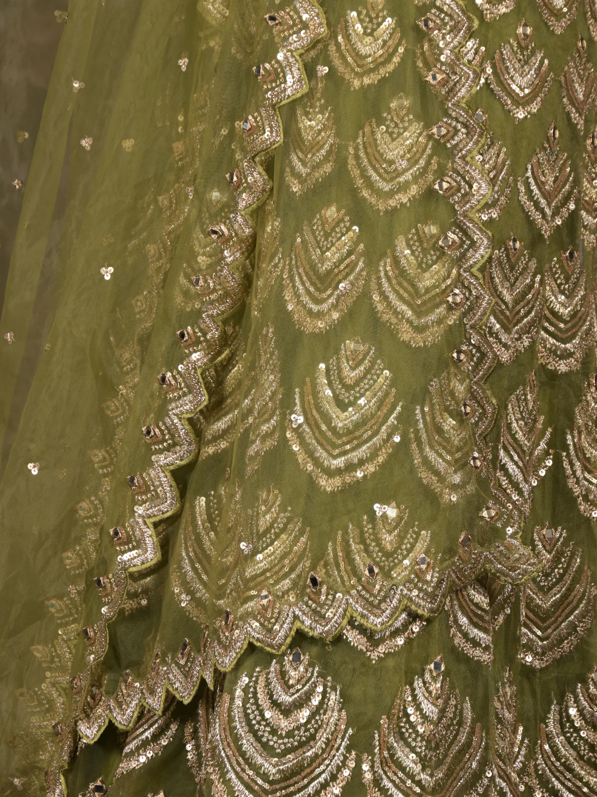 Odette Olive Green Embroidered Semi Stitched Net Lehenga Set With Dupatta And Unstitched Blouse For Women - Image 4