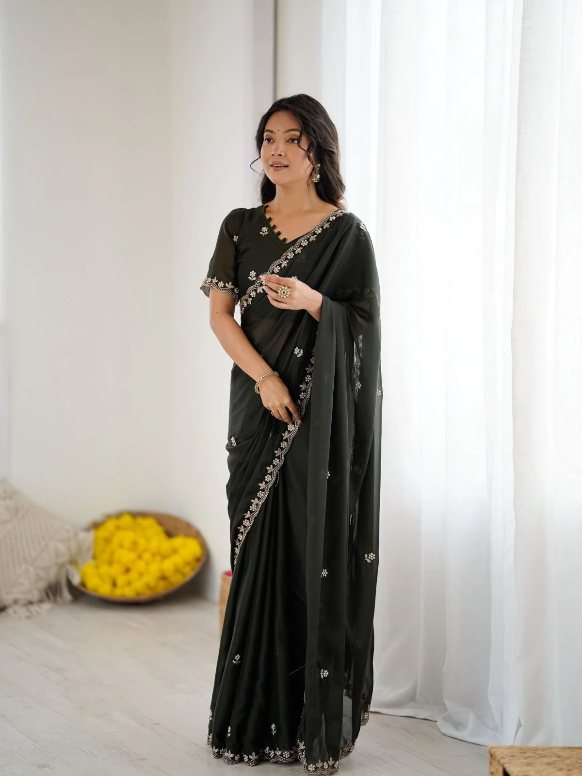 Odette Olive Green Georgette Embroidered Saree For Women