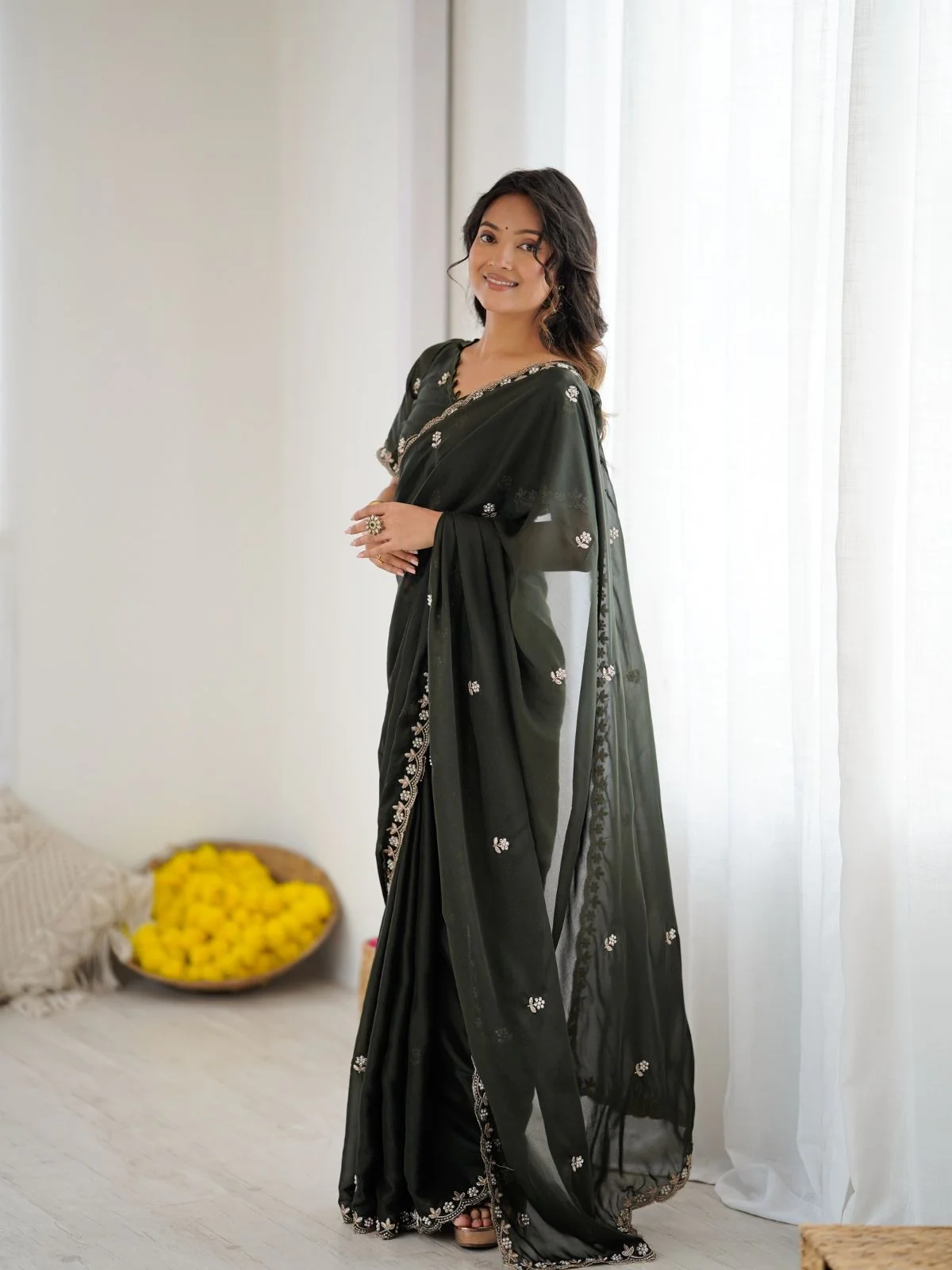 Odette Olive Green Georgette Embroidered Saree For Women - Image 2