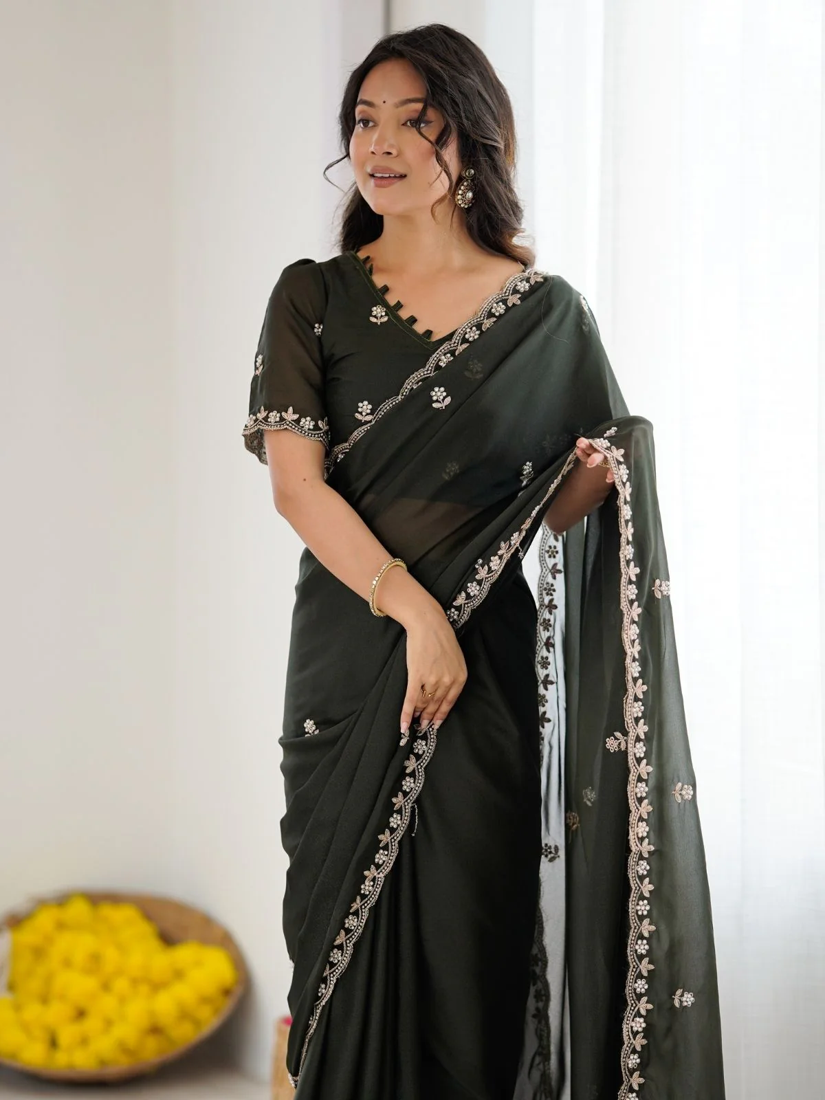 Odette Olive Green Georgette Embroidered Saree For Women - Image 4