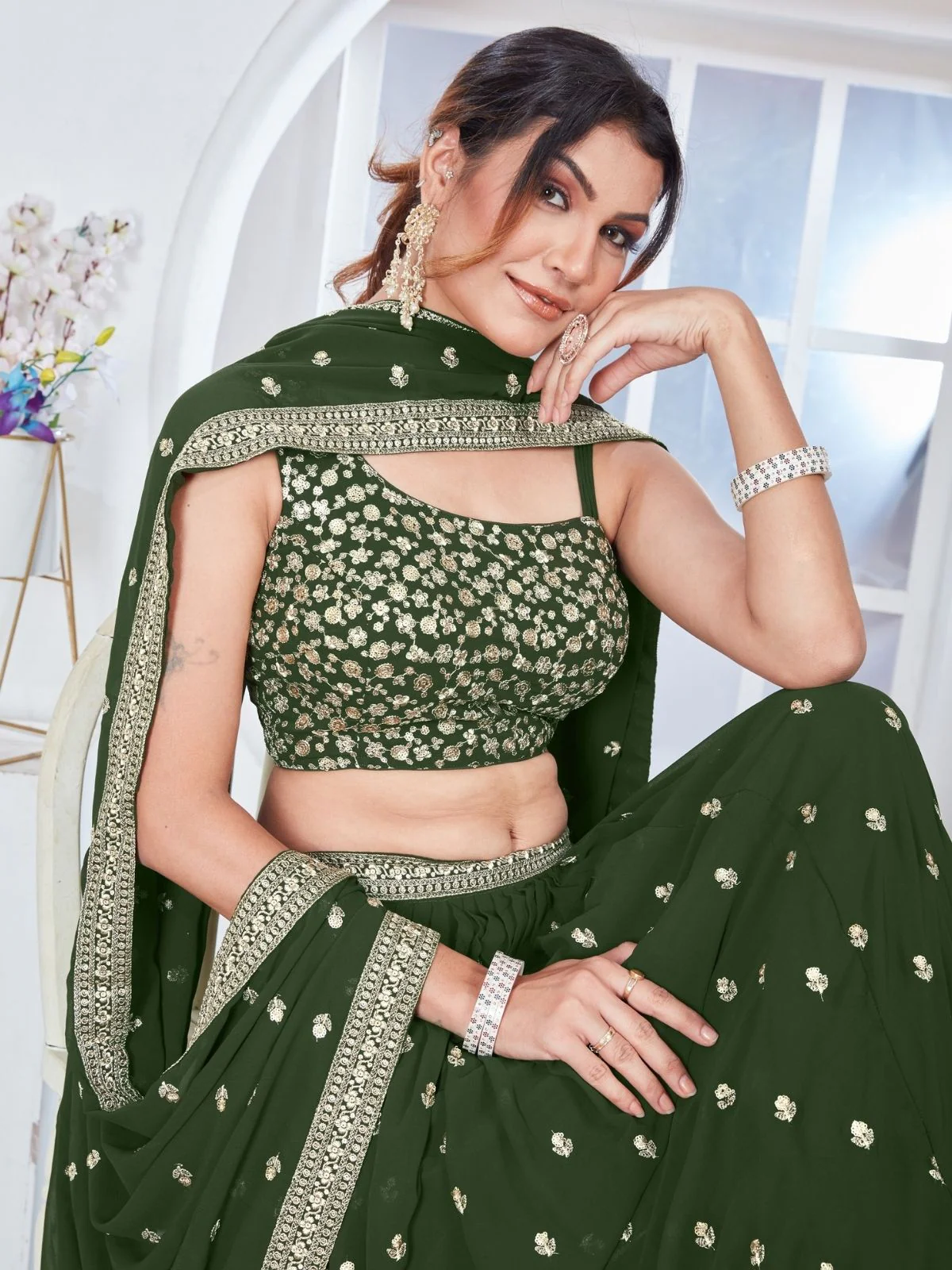 Odette Olive Green Georgette Embroidered Semi-Stitched Lehenga For Women - Image 4