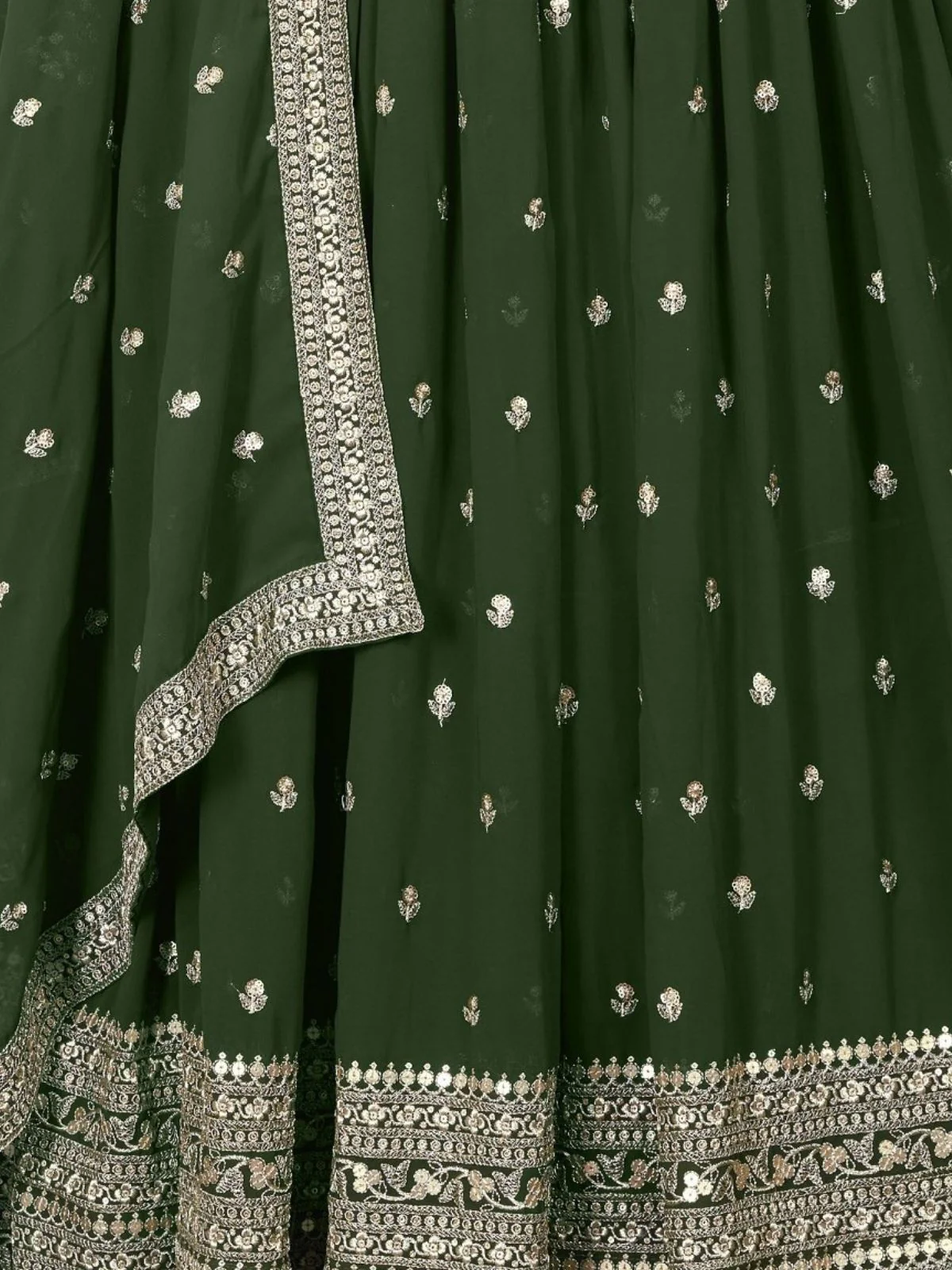Odette Olive Green Georgette Embroidered Semi-Stitched Lehenga For Women - Image 5