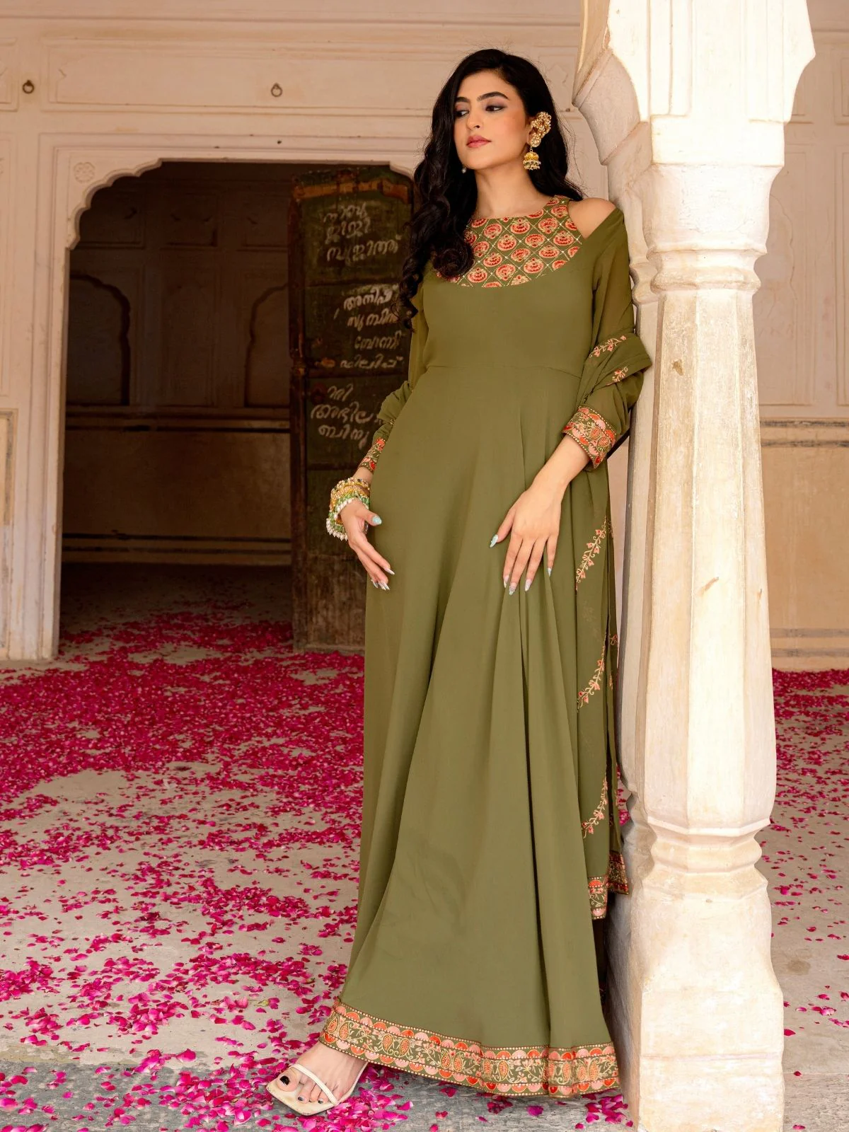 Odette Olive Green Georgette Embroidered Stitched Gown For Women - Image 2