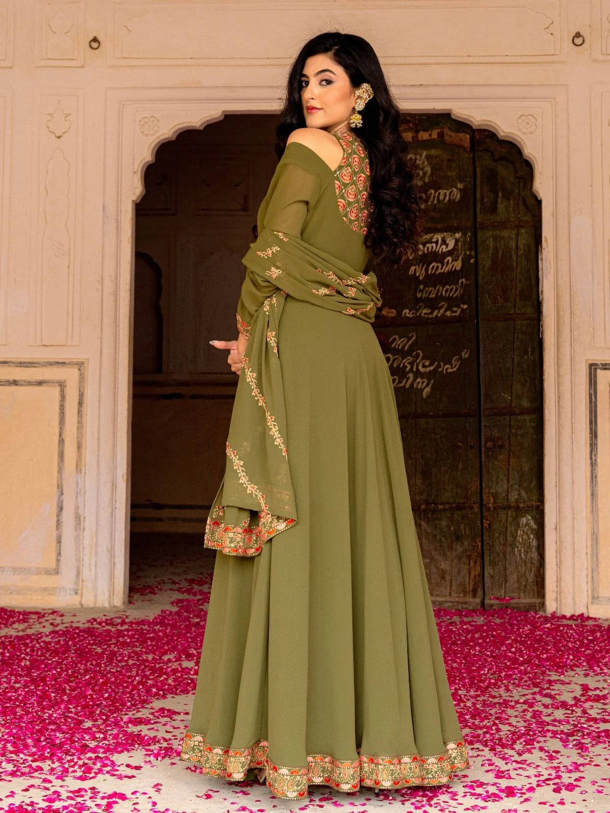 Odette Olive Green Georgette Embroidered Stitched Gown For Women - Image 3