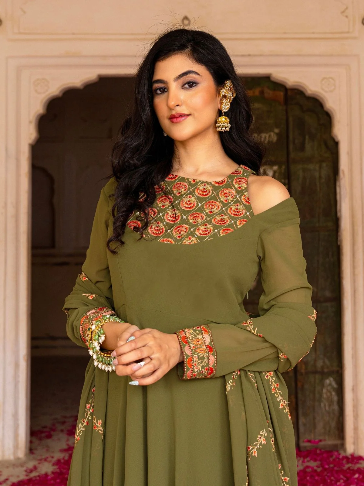 Odette Olive Green Georgette Embroidered Stitched Gown For Women - Image 4