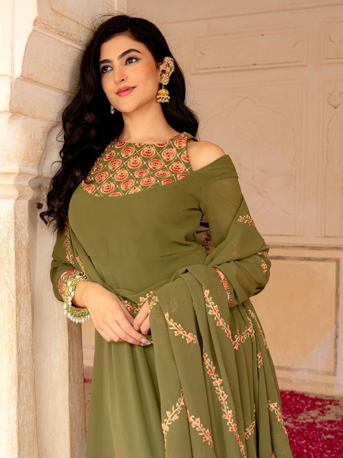 Odette Olive Green Georgette Embroidered Stitched Gown For Women - Image 5