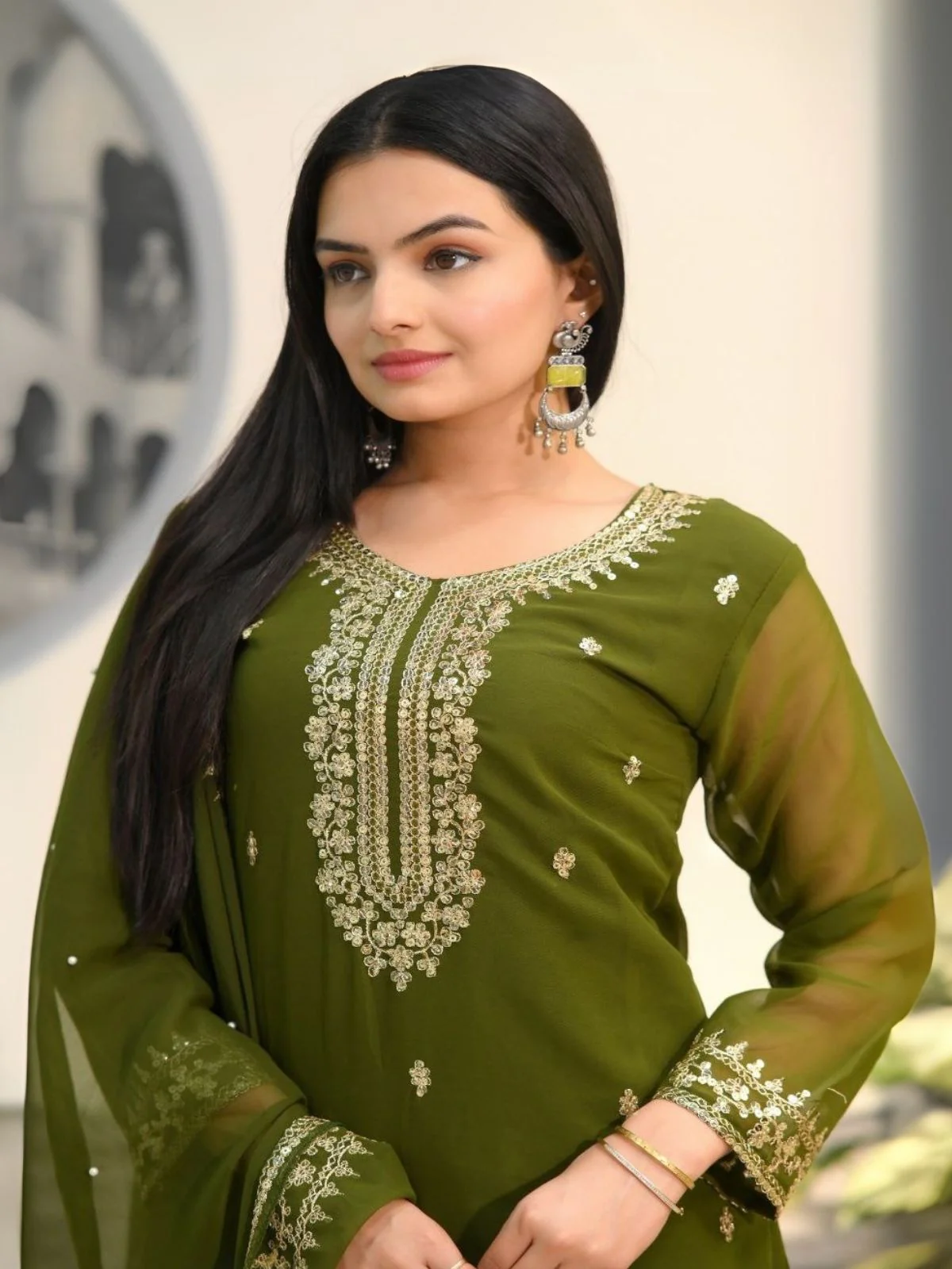 Odette Olive green Georgette Embroidered Stitched Kurta Set For Women - Image 4