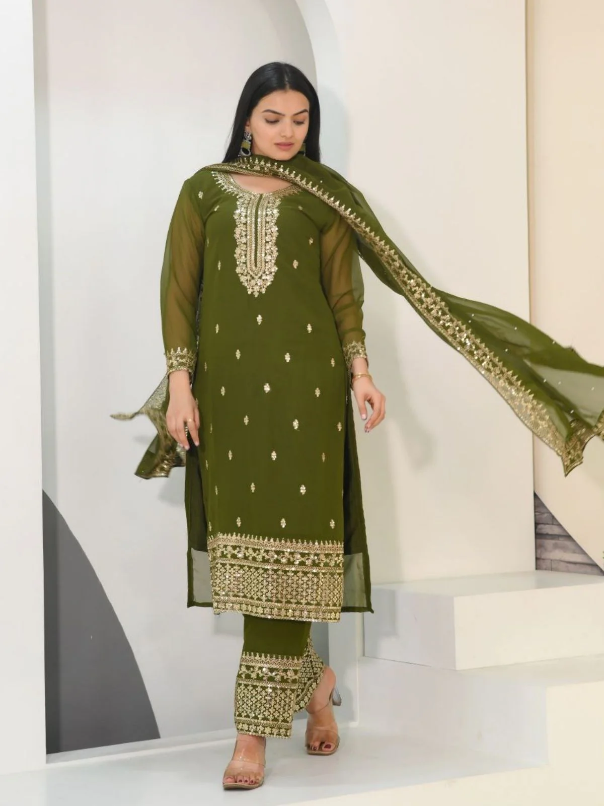 Odette Olive green Georgette Embroidered Stitched Kurta Set For Women - Image 6