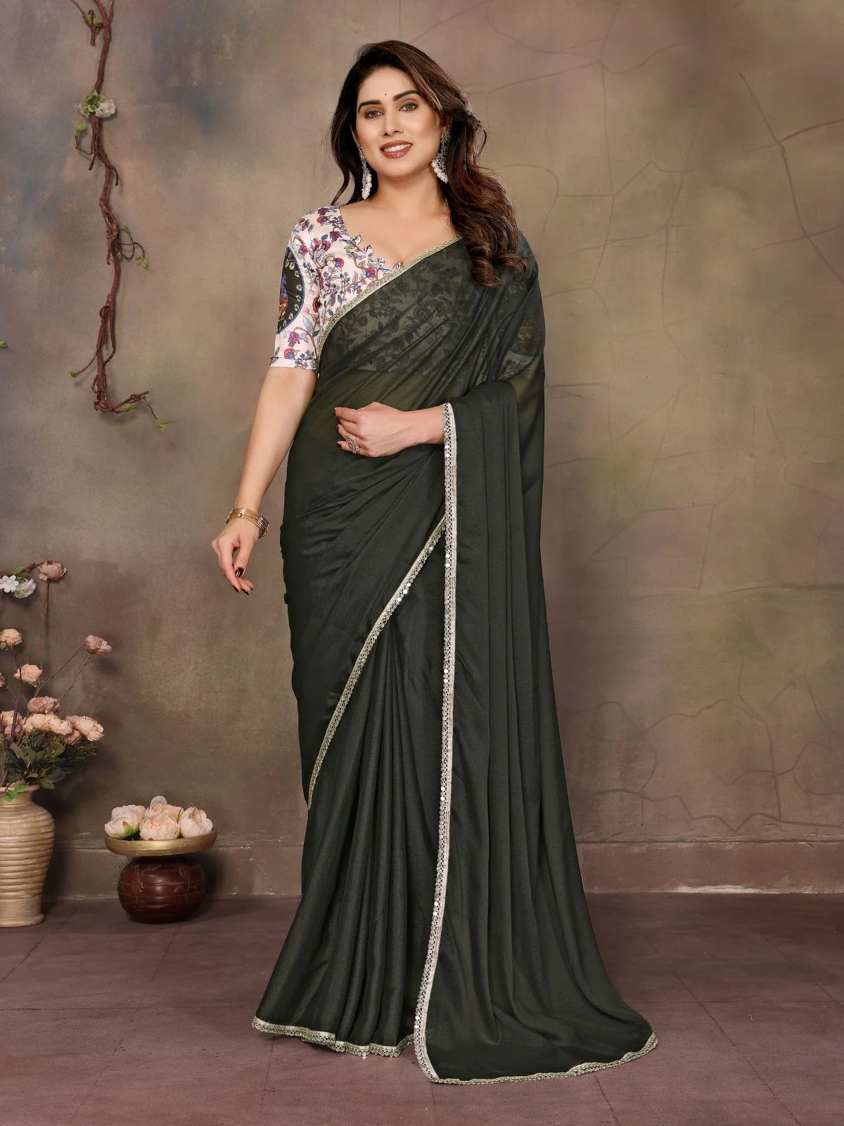 Odette Olive Green Georgette Solid Saree For Women