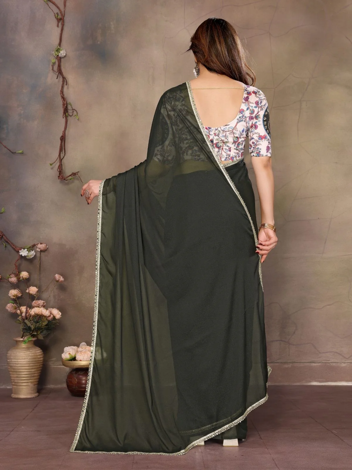 Odette Olive Green Georgette Solid Saree For Women - Image 3