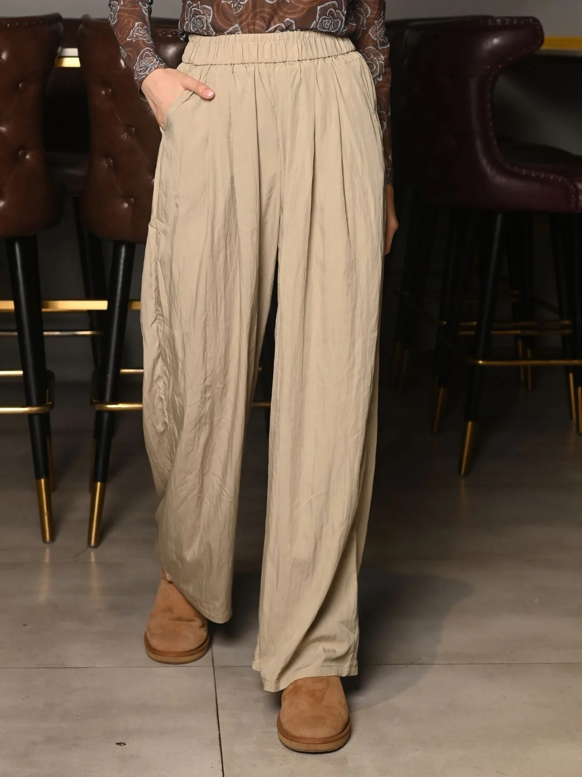 Odette Beige Knit Rib Trouser For Women - Image 2