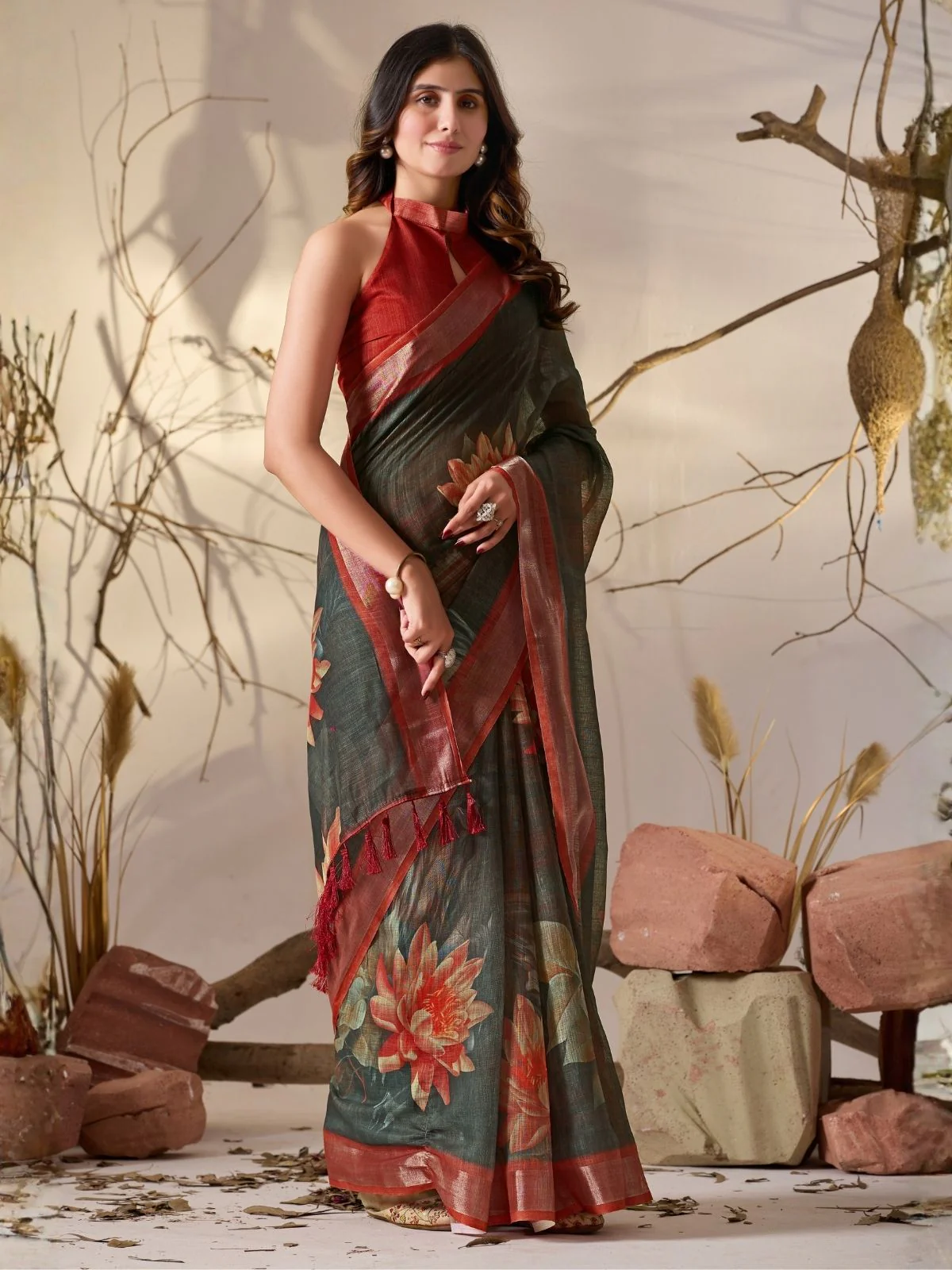 Odette Olive green Linen Cotton Printed Saree For Women - Image 2