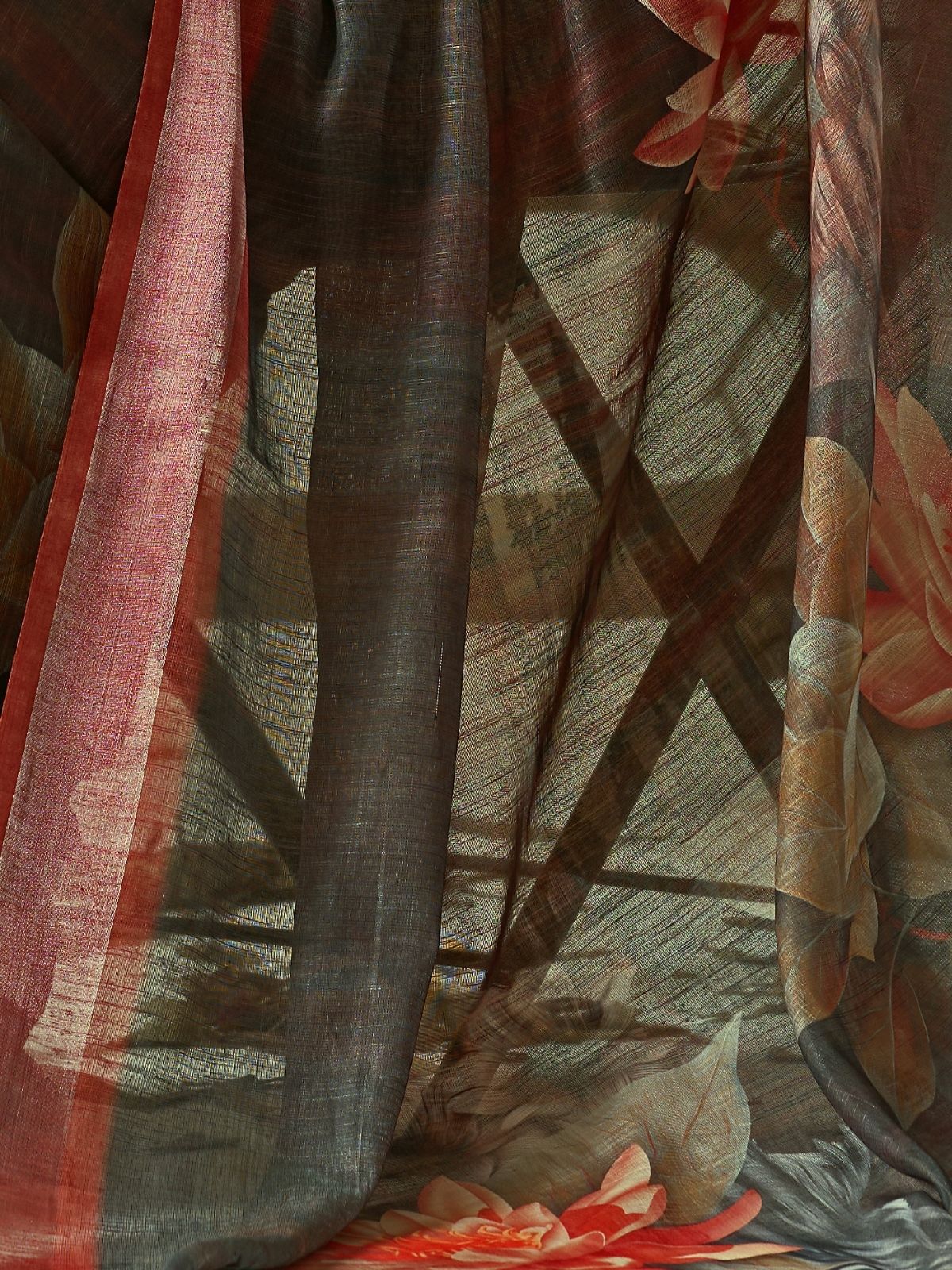 Odette Olive green Linen Cotton Printed Saree For Women - Image 5