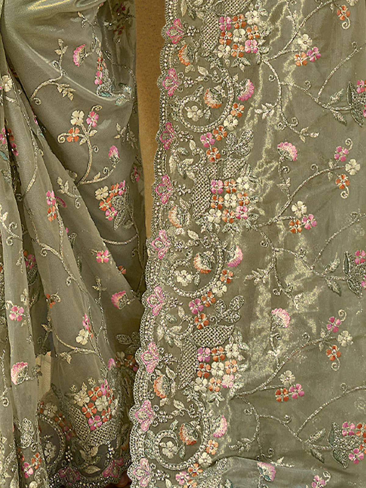 Odette Olive Green Net Embroidered Saree With Unstitched Blouse For Women - Image 4