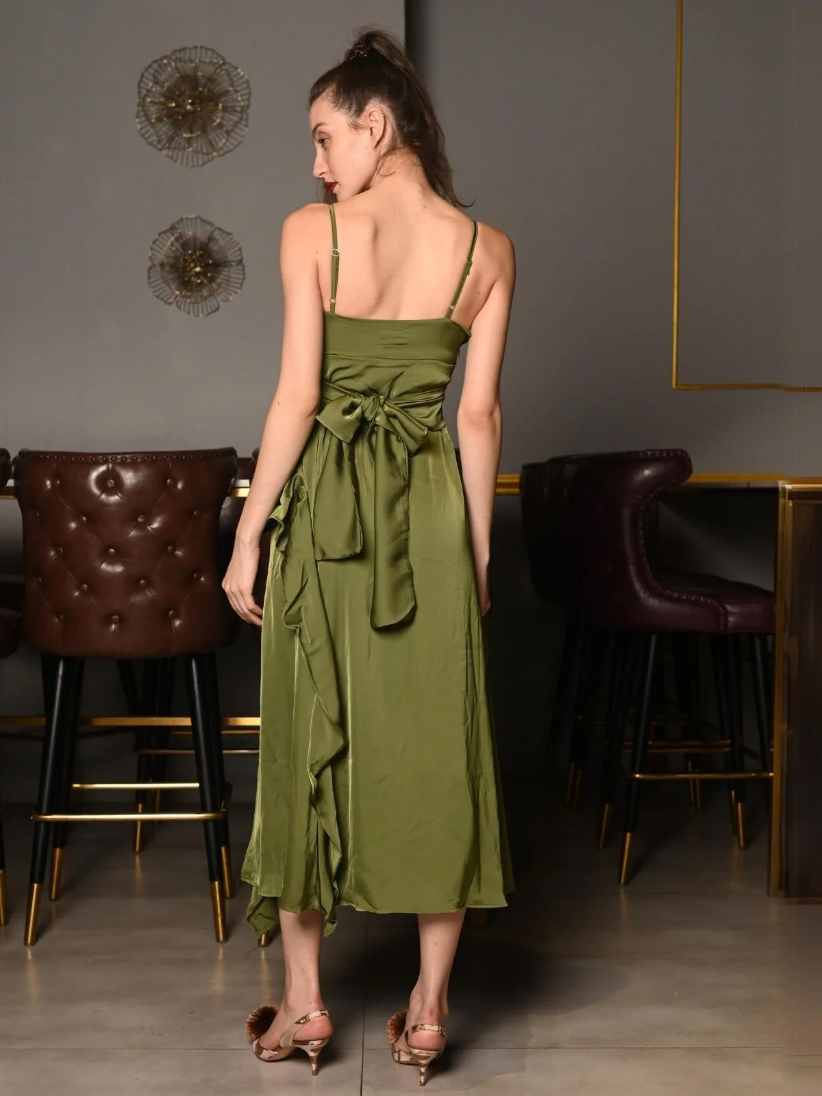 Odette Olive Green Polyester Satin Solid Dress for Women - Image 4