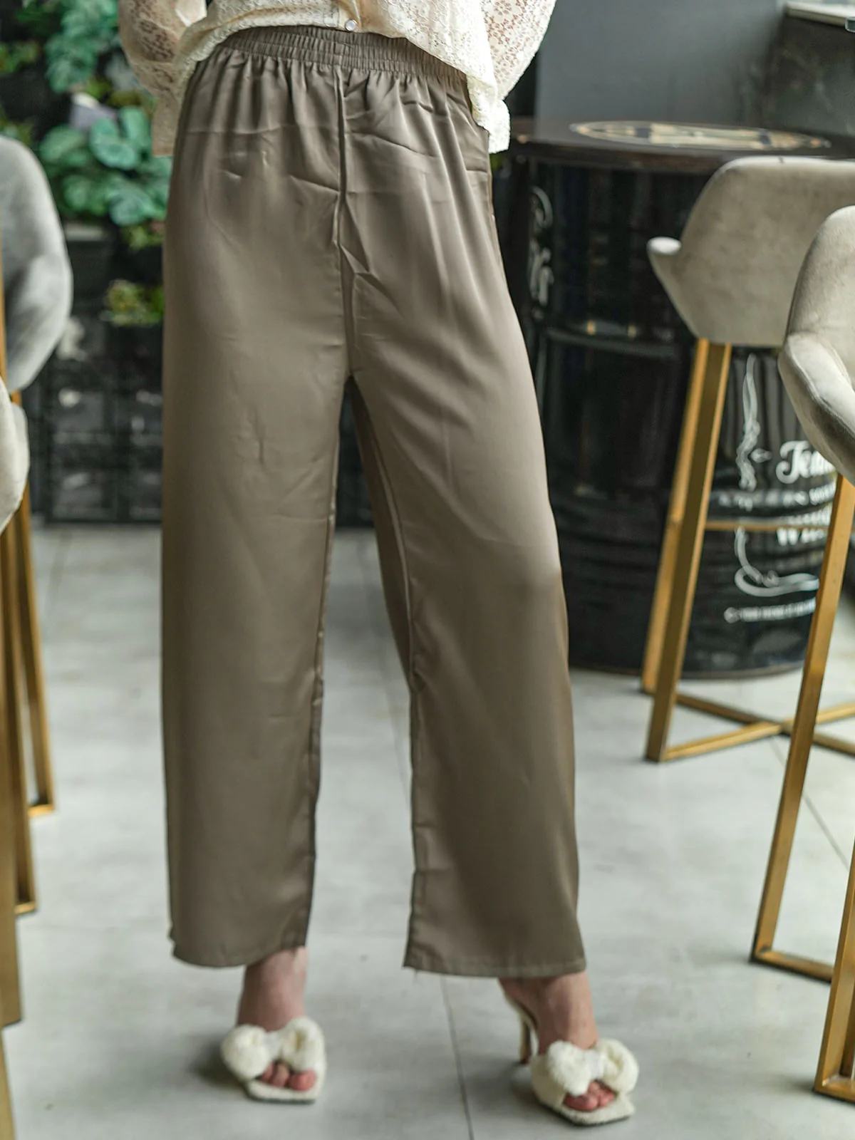 Odette Olive Green Satin Belted Trousers For Women - Image 2