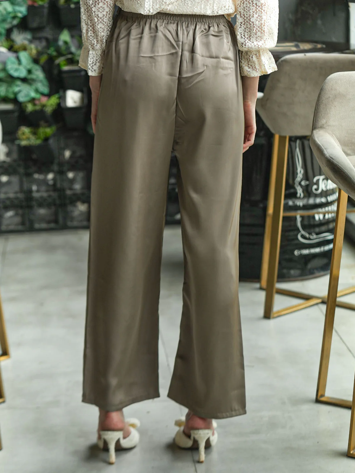 Odette Olive Green Satin Belted Trousers For Women - Image 3