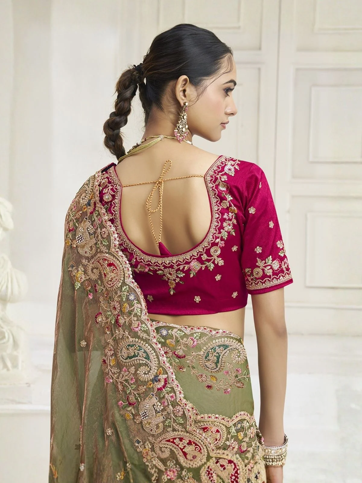 Odette Olive Green Satin Embroidered Saree For Women - Image 3
