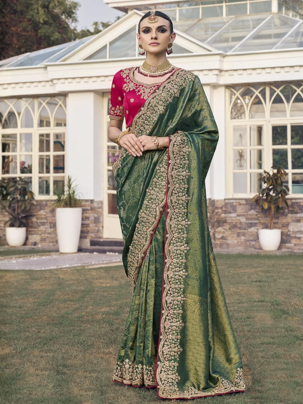 Odette Olive Green Satin Embroidered Saree For Women