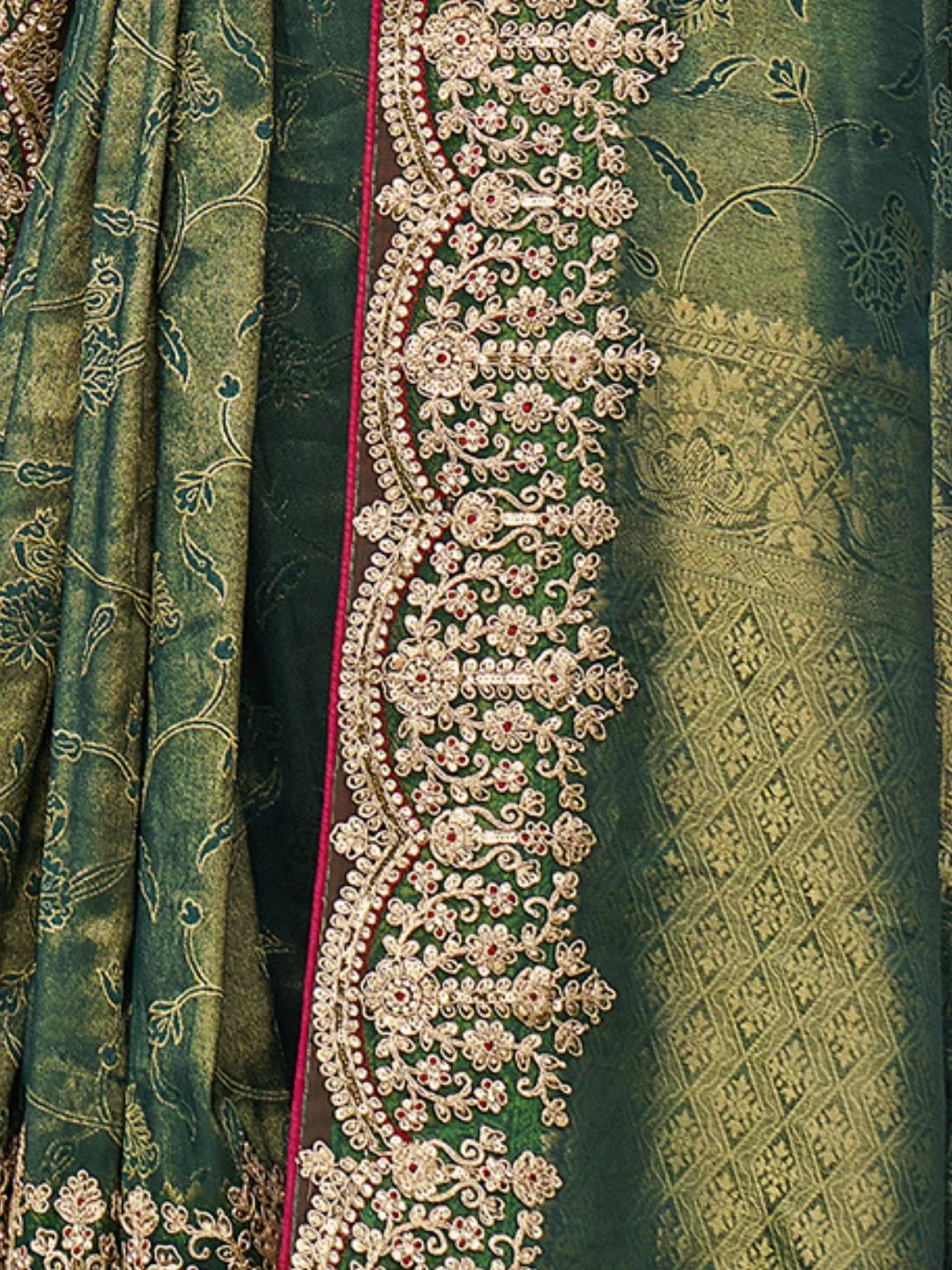 Odette Olive Green Satin Embroidered Saree For Women - Image 3