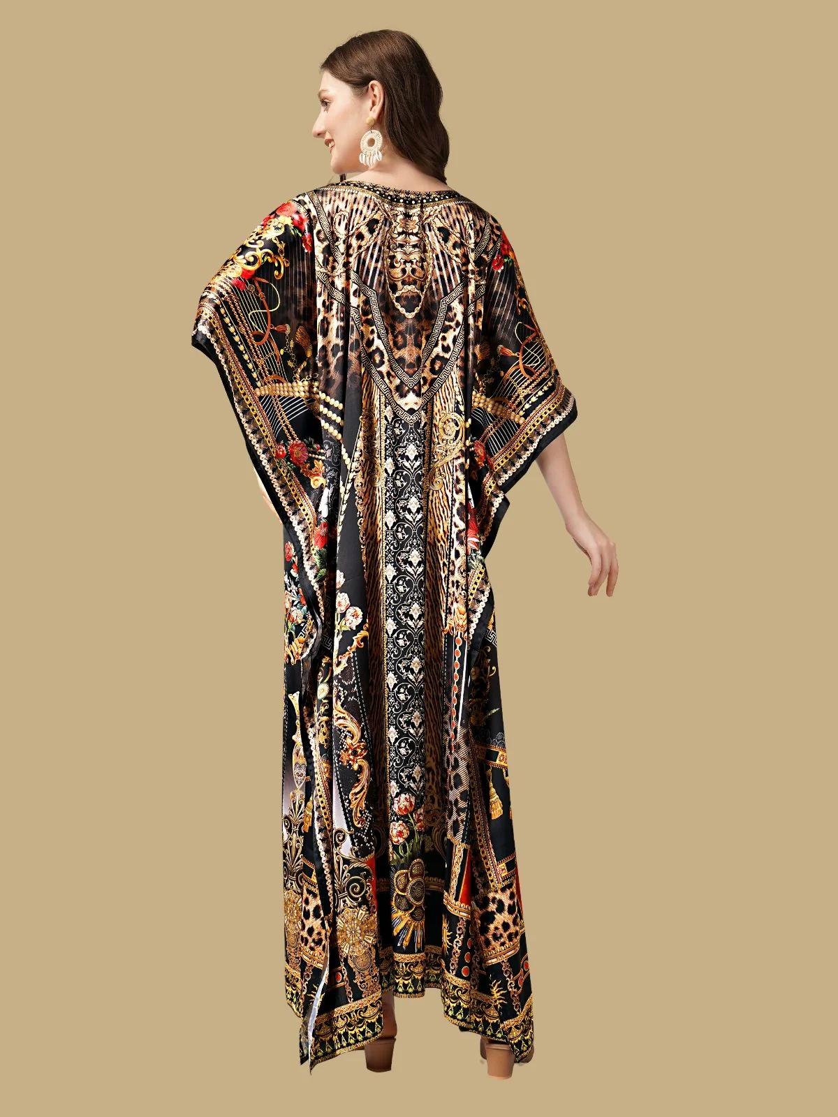 Odette Black Satin Printed Kaftan For Women - Image 3