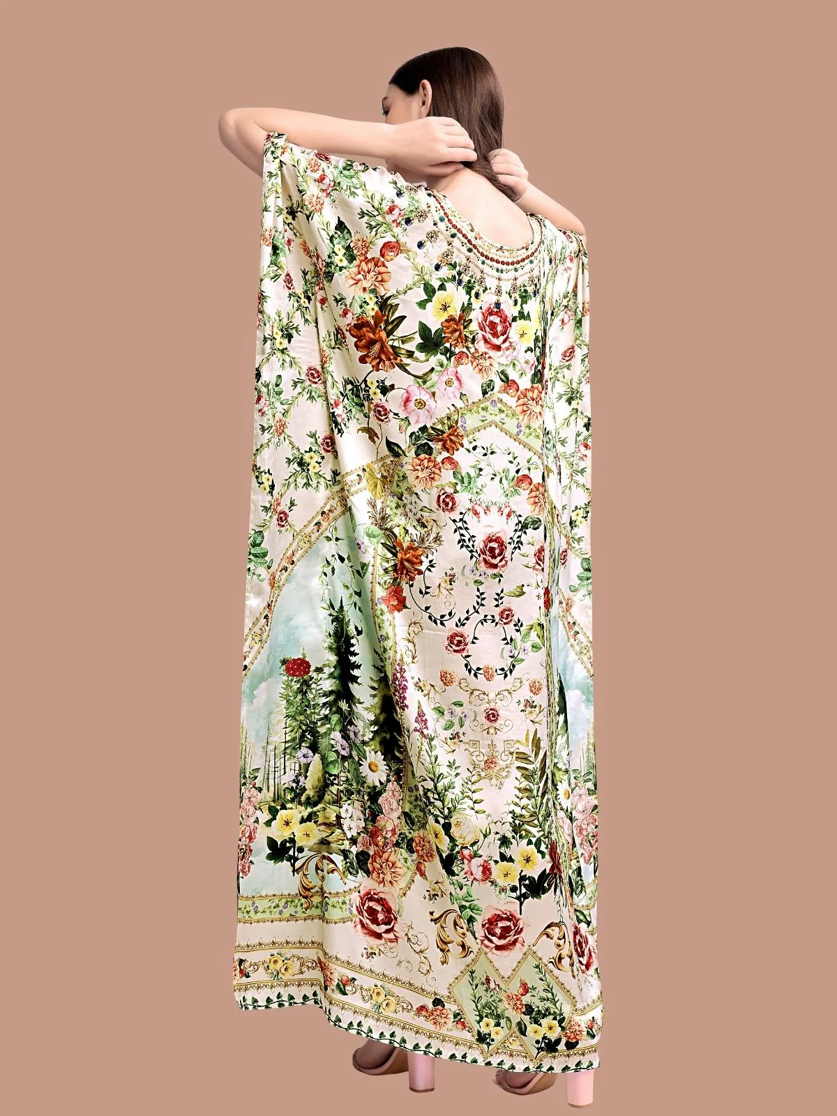 Odette Olive Green Satin Printed Kaftan For Women - Image 3