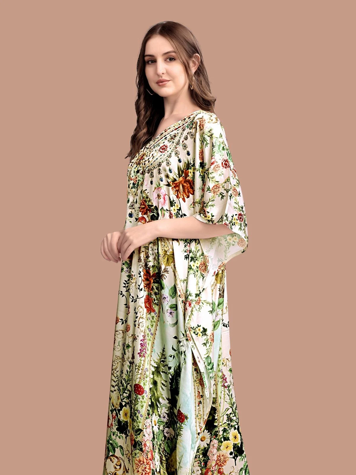 Odette Olive Green Satin Printed Kaftan For Women - Image 4